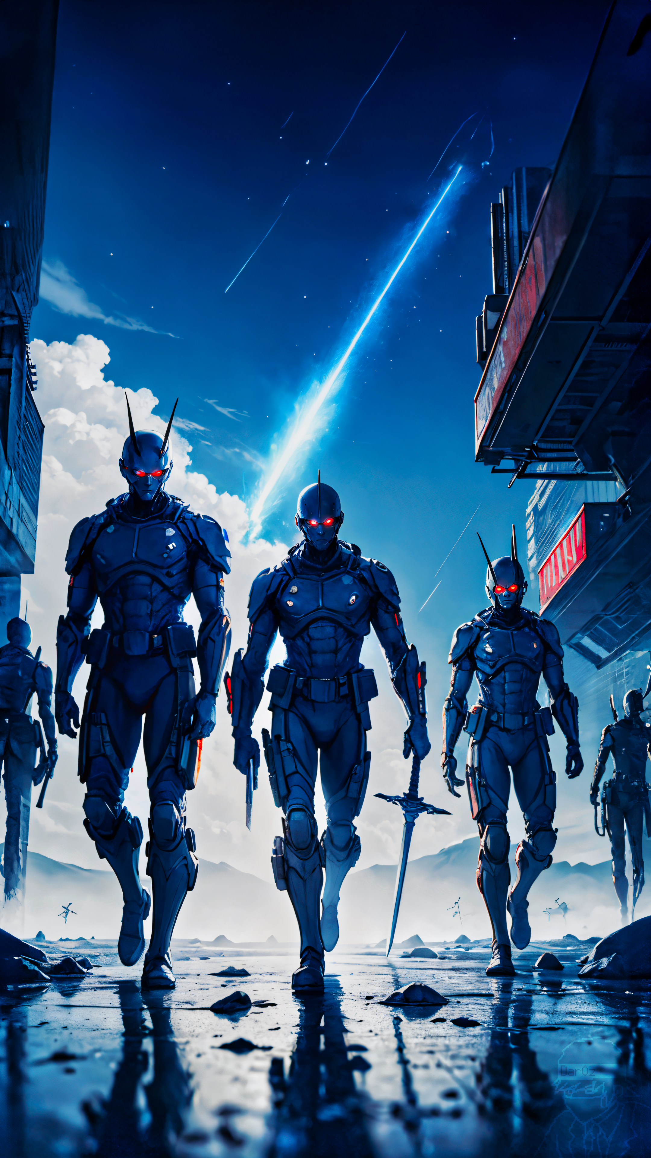 General 2160x3840 AI art dar0z reflection futuristic group of people standing cyberpunk digital art Trooper androids portrait display walking sky clouds armor