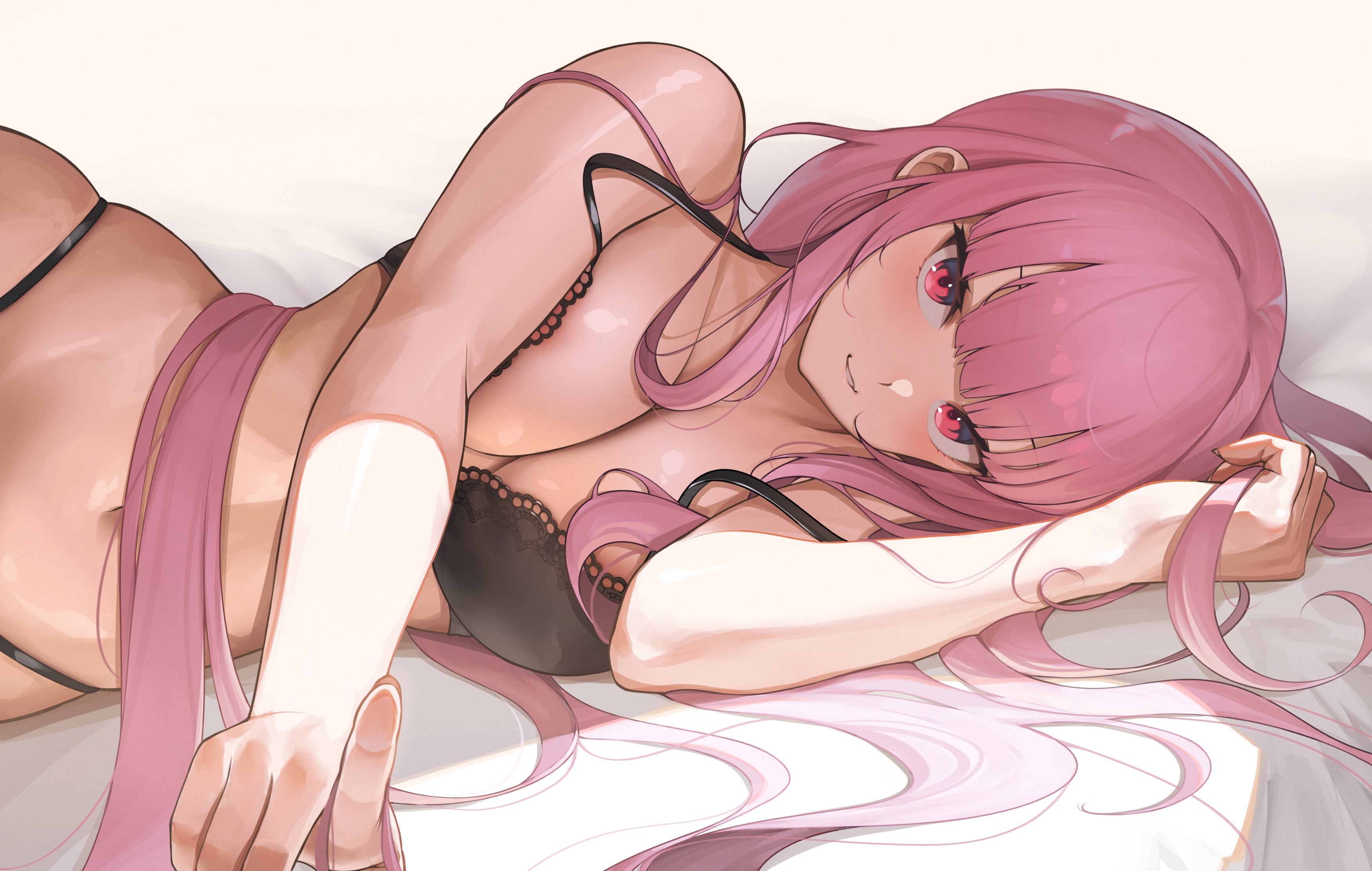 Anime 3500x2223 Hololive Mori Calliope anime girls minimalism simple background boobs white background belly belly button red eyes long hair pink hair lying on side cleavage blushing underwear black underwear bra black bras huge breasts Virtual Youtuber panties GreatoDoggo black panties finger pointing smiling