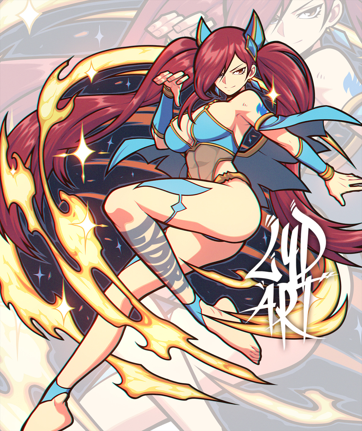 Anime 1200x1430 Scarlet Erza Fairy Tail LYDart_Mclo redhead anime girls portrait display thighs big boobs smiling long hair twintails signature feet fire stars ass looking at viewer hair over one eye tattoo