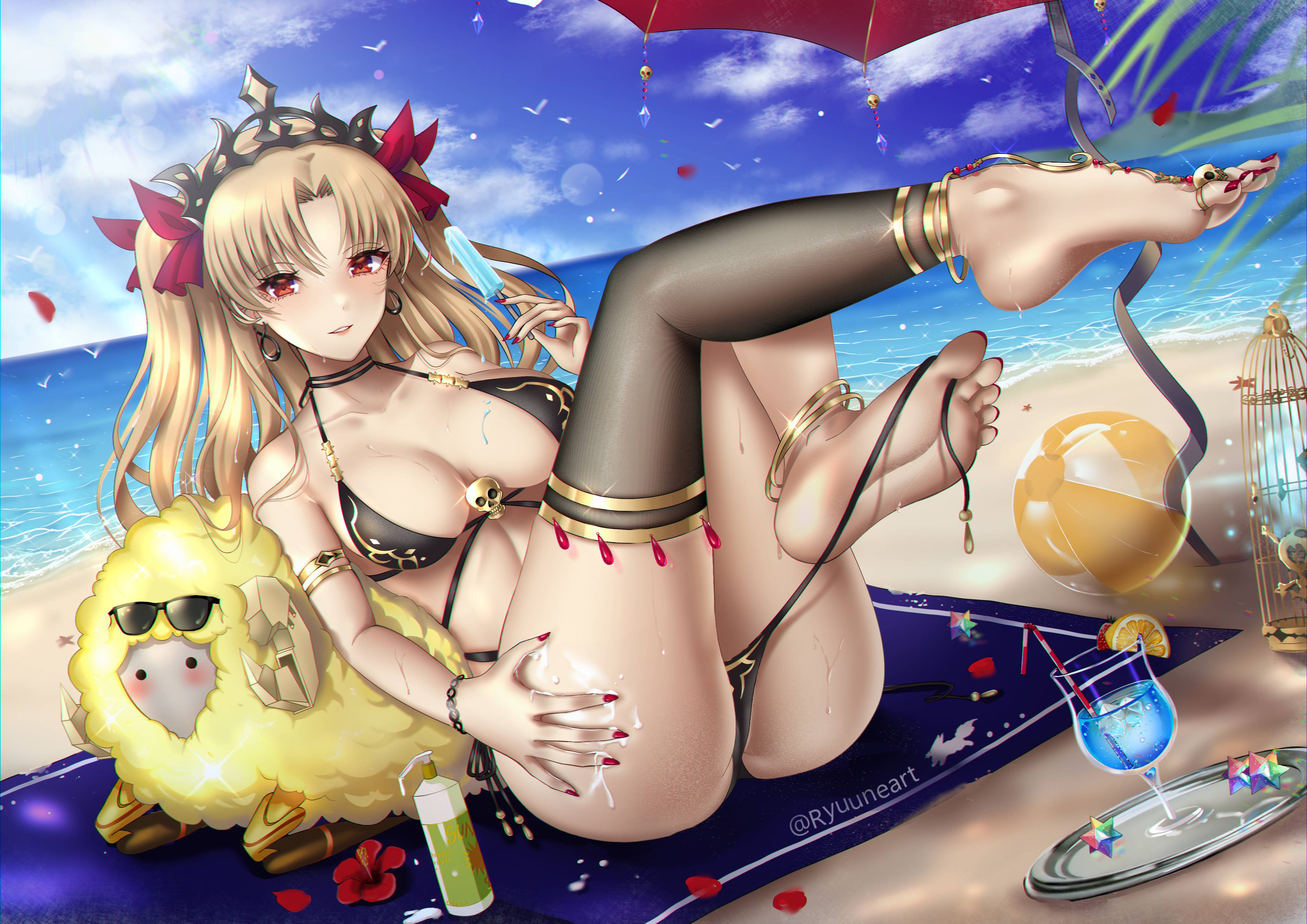 Anime 4093x2894 anime girls beach Fate series blonde red eyes big boobs bikini pulling clothing sunlight water sky clouds waves drink watermarked foot sole feet looking at viewer petals sand beach ball cages umbrella leaves earring choker sheep ass lying down lying on back long hair popsicle Ereshkigal (Fate/Grand Order)