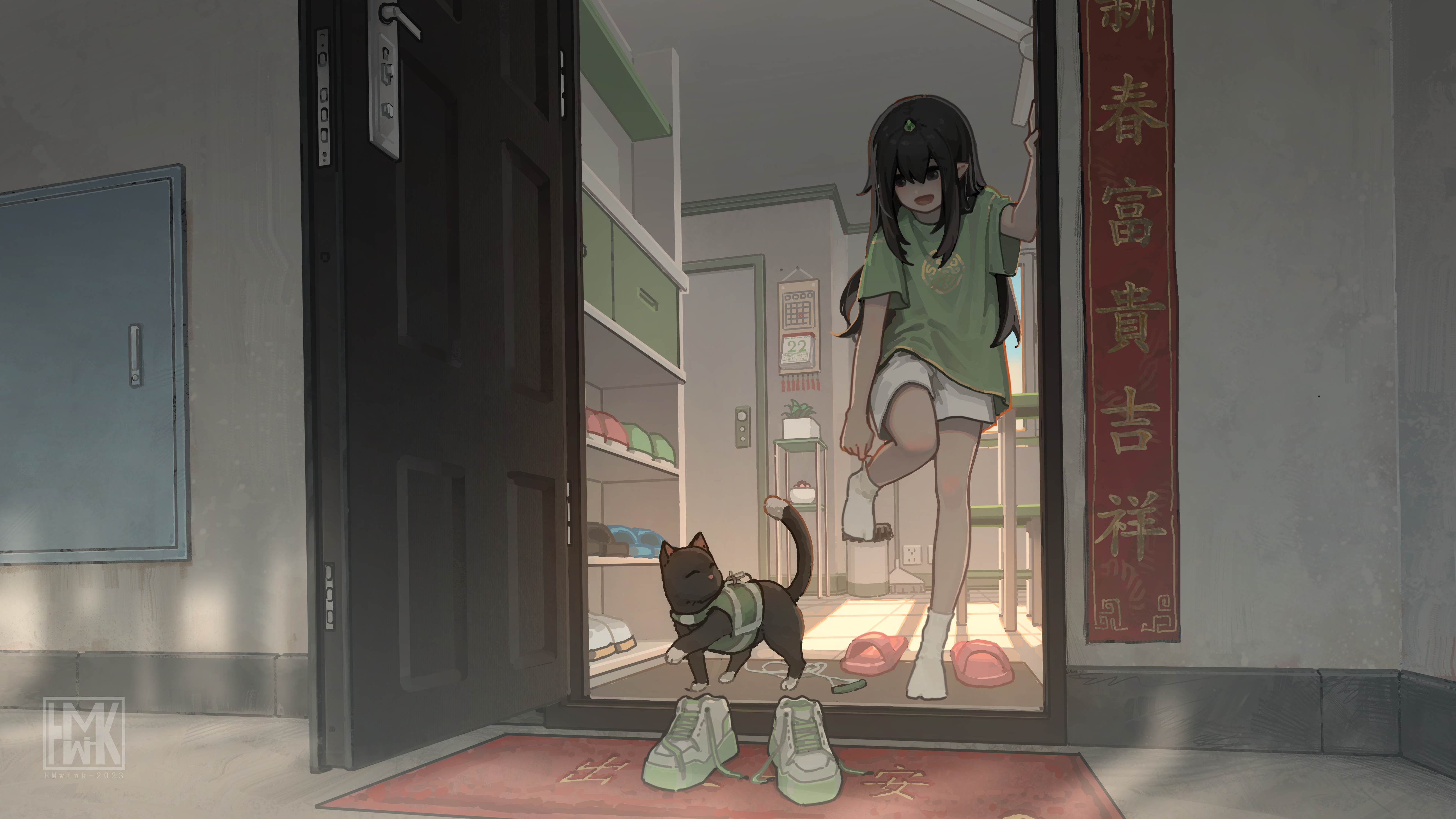 Anime 5189x2919 anime anime girls long hair cats shoes socks Hua Ming wink Yun Xi animals standing on one leg door doorways interior pointy ears Chinese white socks short socks pulling socks watermarked short sleeves shoes off