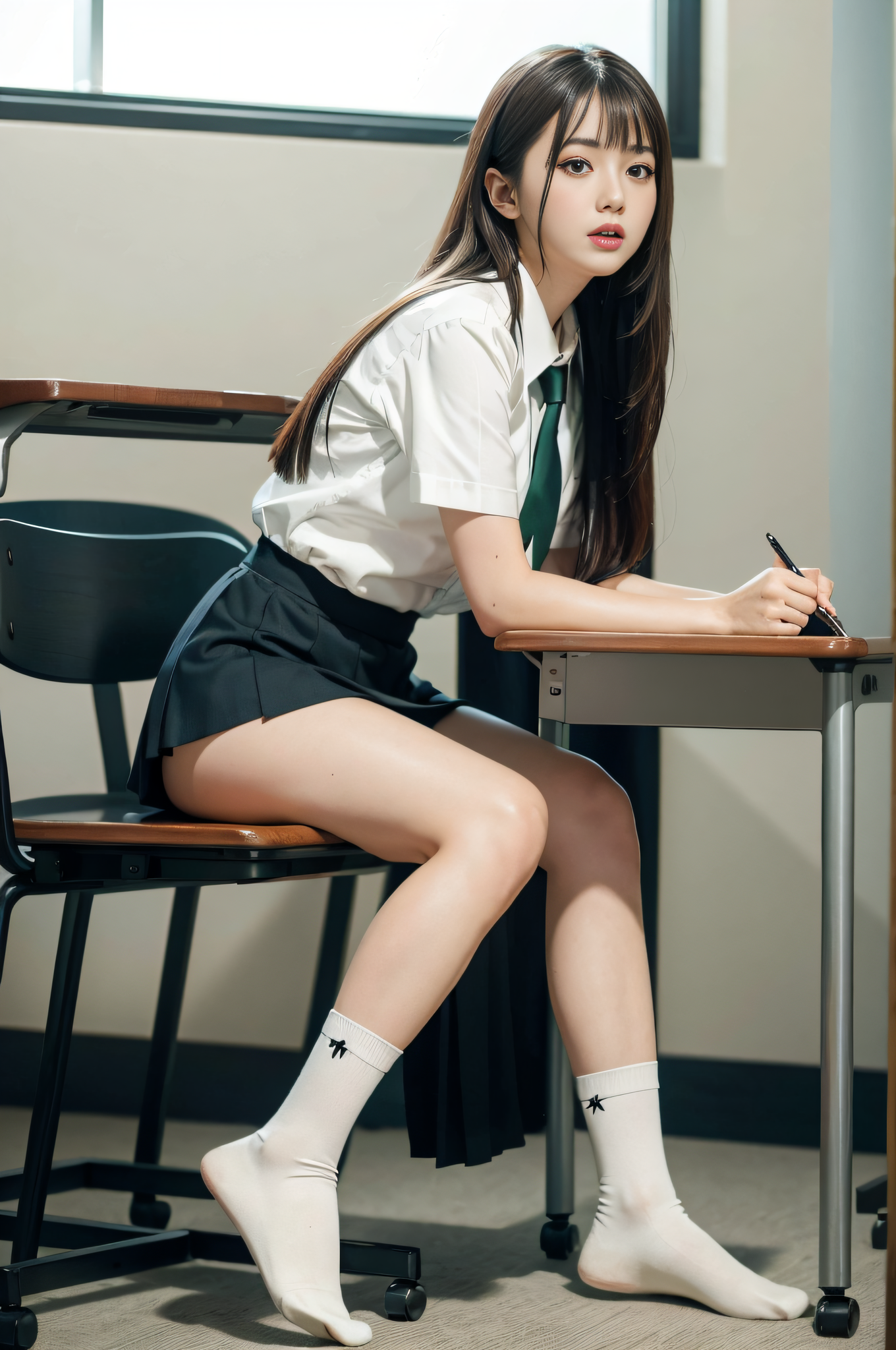 General 1360x2048 AI art Asian women schoolgirl school uniform sitting portrait display tie looking at viewer window desk chair skirt socks long hair digital art