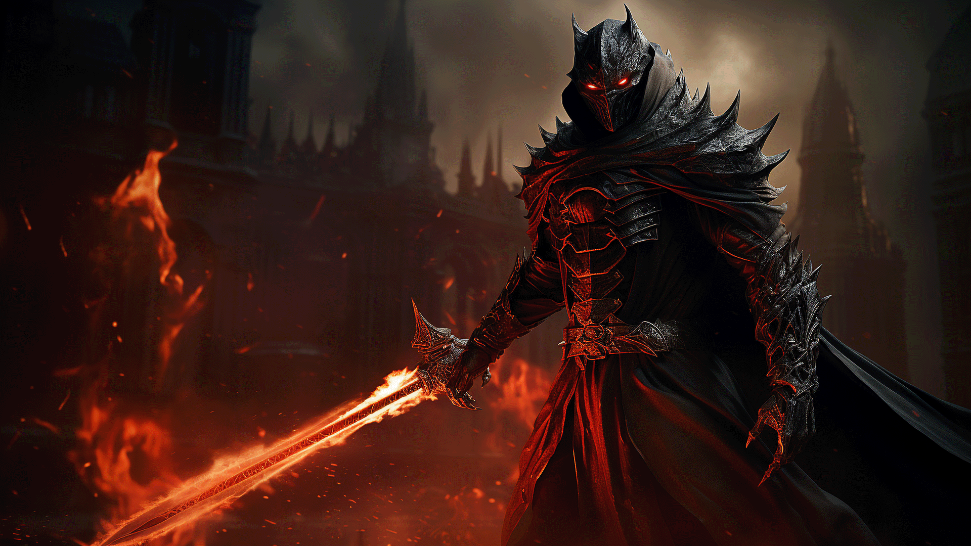 General 1920x1080 AI art armor knight sword flaming sword digital art glowing eyes weapon cape building looking at viewer standing