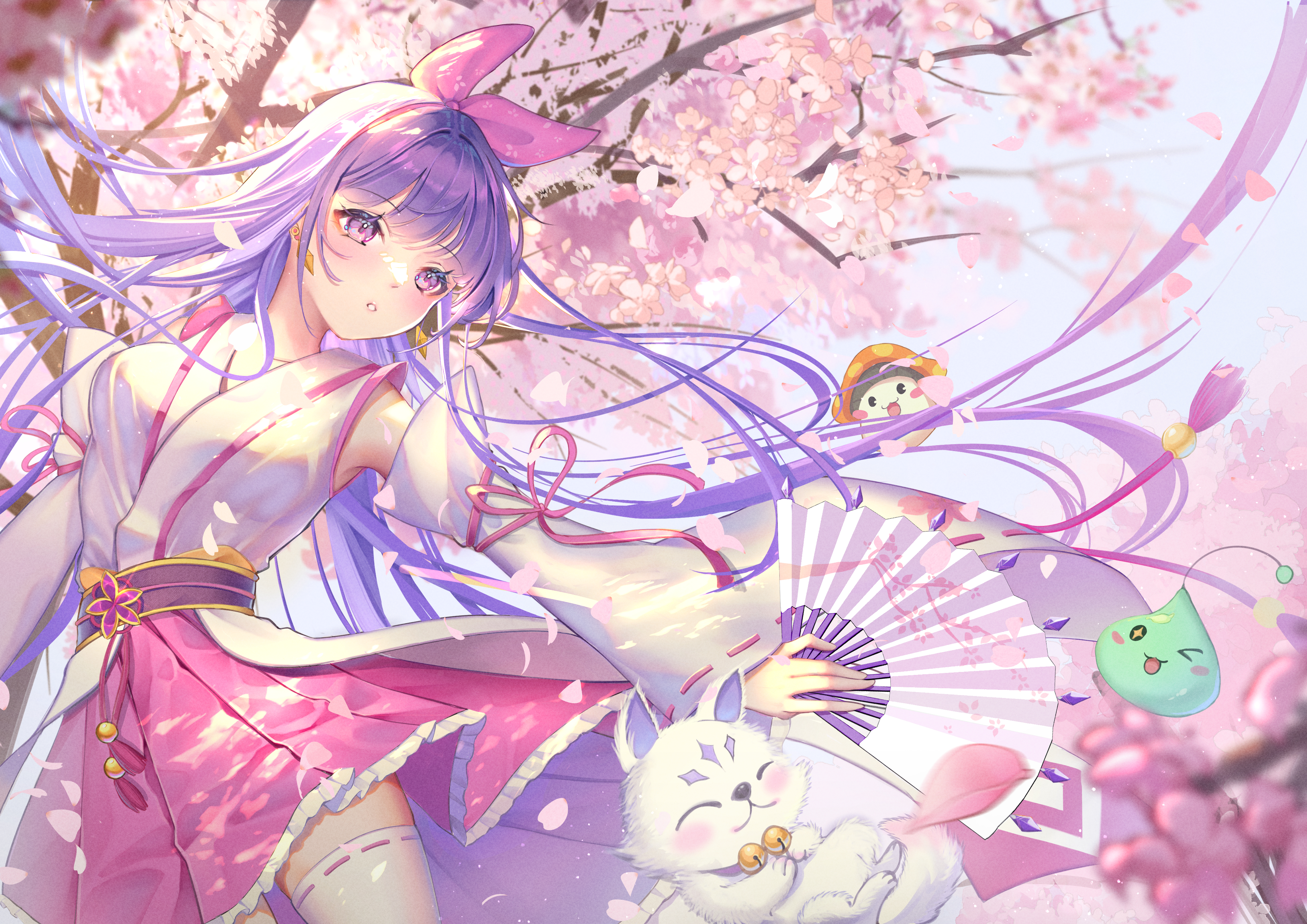 Anime 4093x2894 anime anime girls purple hair purple eyes long hair skirt stockings fans petals looking away blushing flowers branch cats animals sunlight earring