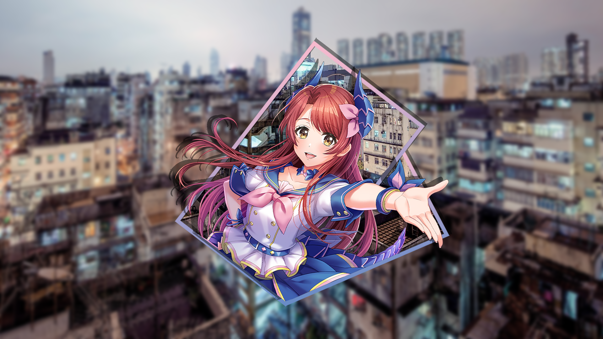 Anime 1920x1080 picture-in-picture anime girls horns D4DJ China urban looking at viewer long hair blurred blurry background building city arms reaching bow tie