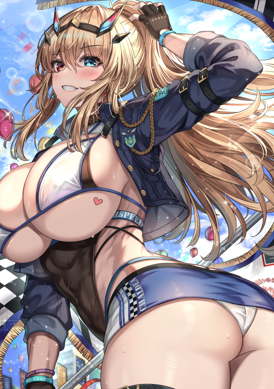Anime 950x1345 Cenangam heterochromia Fate series huge breasts anime girls portrait display Barghest (Fate Grand Order) looking back miniskirt alternate costume blonde long hair looking at viewer open jacket cleavage upskirt panties balloon blushing smiling ponytail ass rear view jacket fingerless gloves outdoors Race Queen Outfit flag