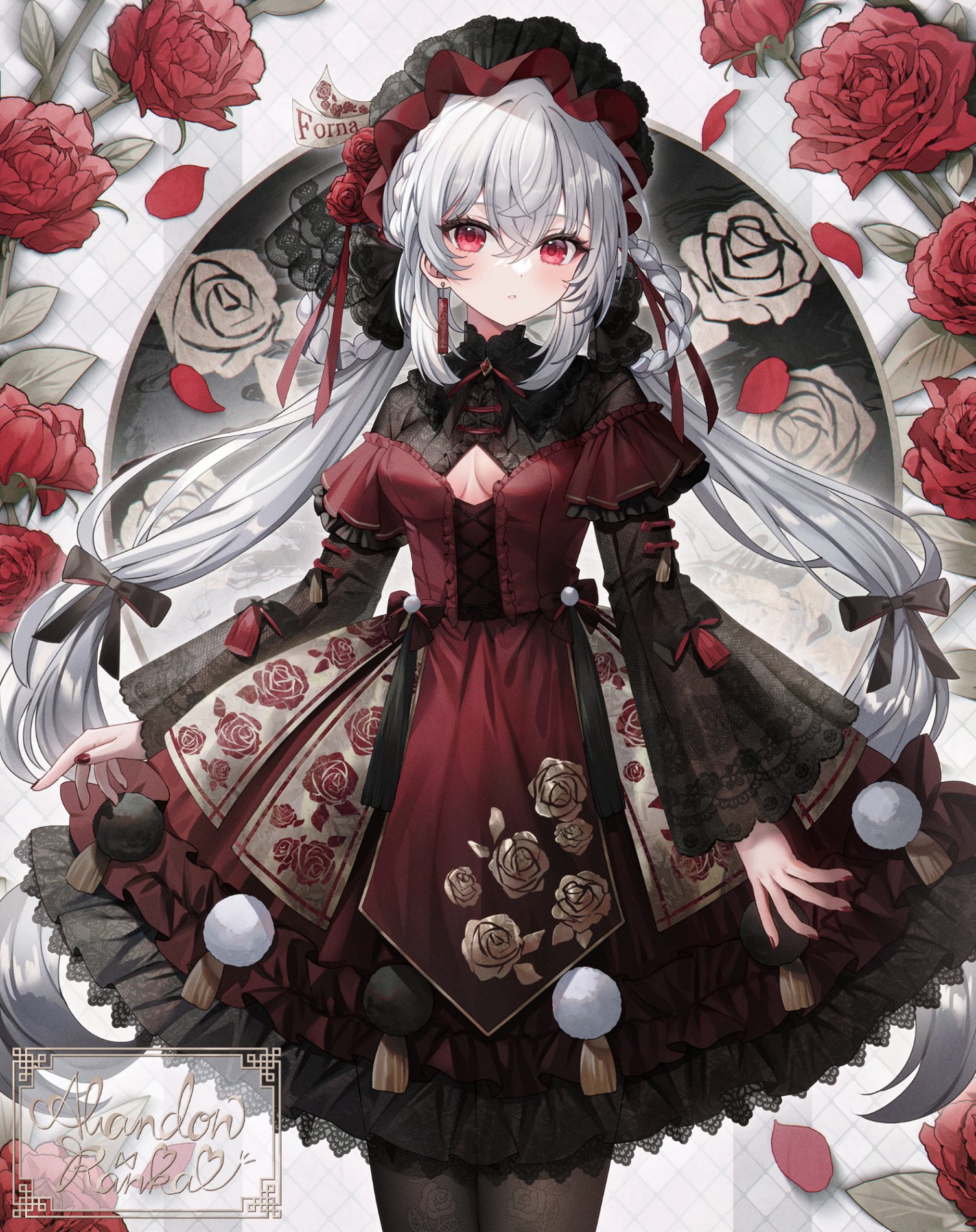Anime 1506x1900 anime anime girls Pixiv portrait display dress flowers petals long hair white hair red eyes blushing looking at viewer twintails bow tie earring