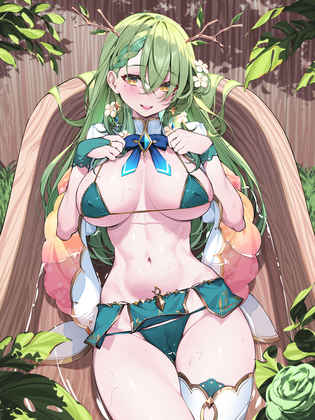 Anime 1200x1600 Hololive Virtual Youtuber anime girls portrait display Ceres Fauna in bathtub bathtub looking at viewer hair ornament bikini green bikini flowers huge breasts long hair antlers flower in hair missing stocking bath Waterring white flowers mole under eye green hair cameltoe open mouth wet body belly button high angle thigh-highs blushing yellow eyes water thighs belly leaves moles wet