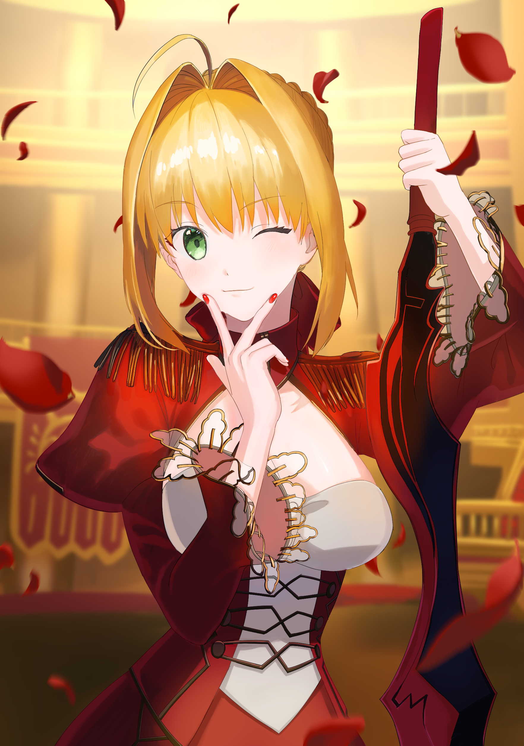 Anime 1764x2508 anime anime girls Fate series Fate/Extra Fate/Extra CCC Fate/Grand Carnival Nero Claudius hairbun ahoge blonde solo green eyes one eye closed artwork digital art fan art portrait display looking at viewer petals dress