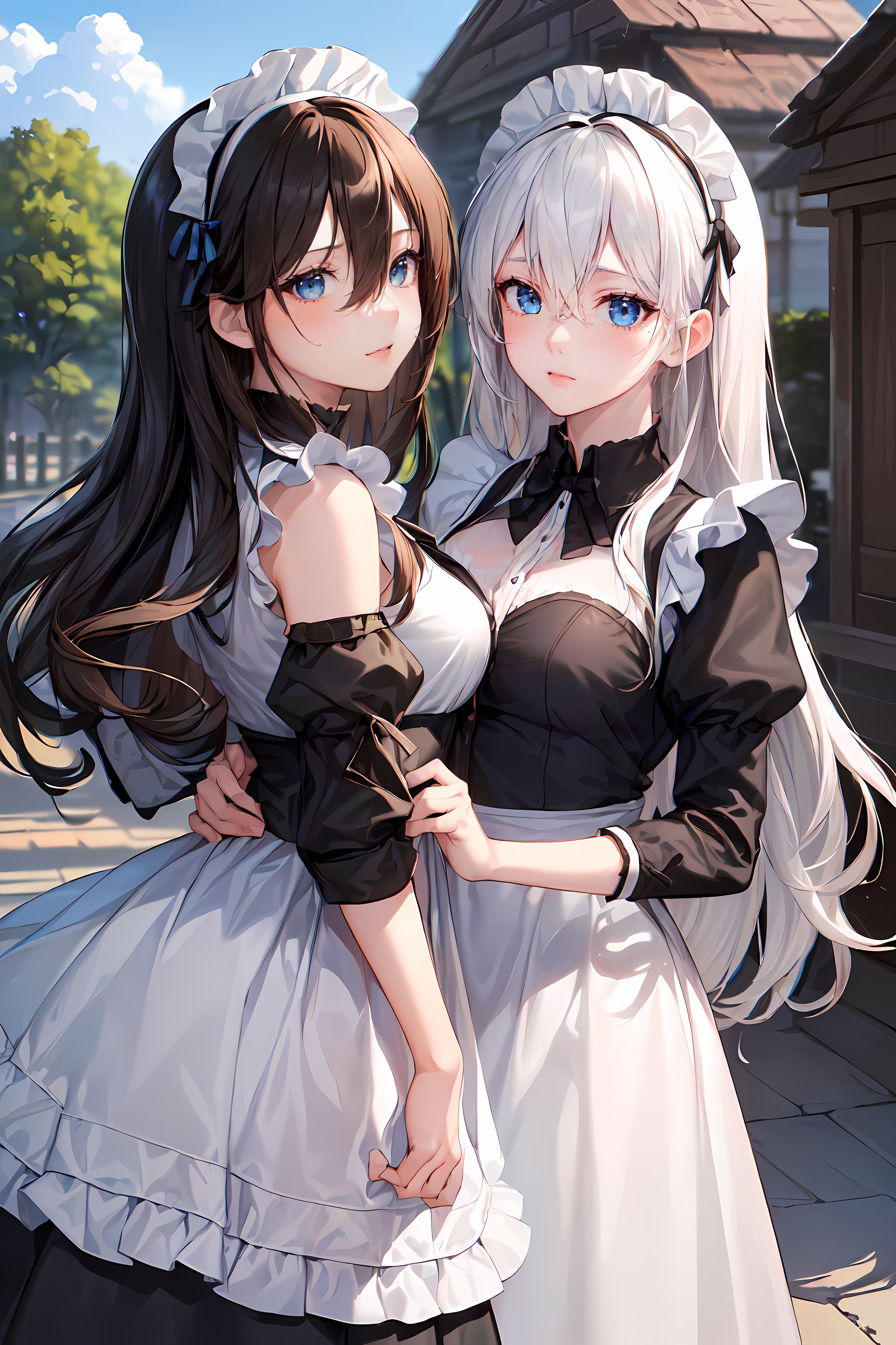 Anime 2048x3072 AI art anime anime girls original characters maid maid outfit long hair black hair white hair big boobs two women artwork digital art portrait display standing looking at viewer clouds sky bow tie moles mole under eye blushing