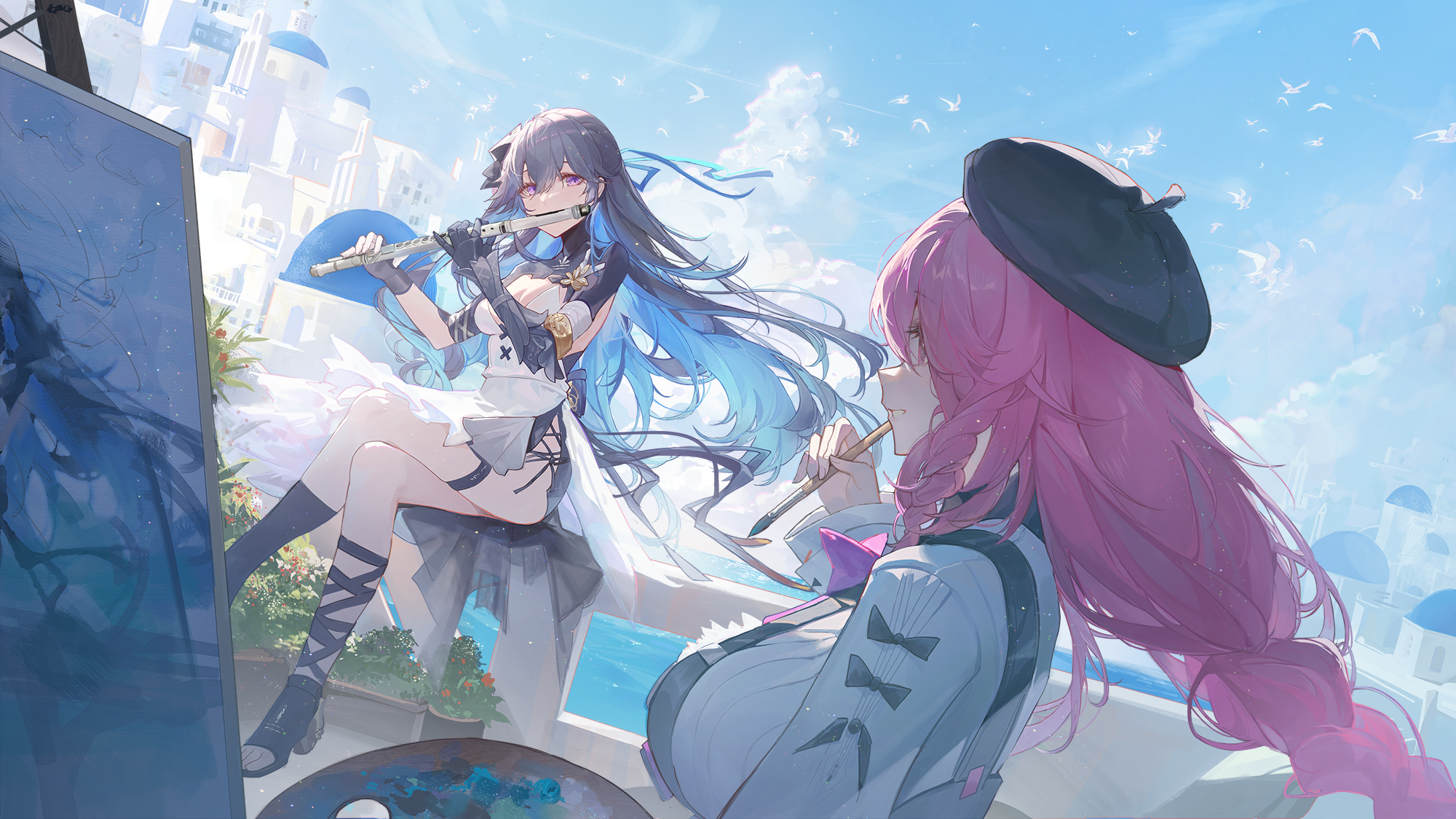 Anime 2000x1125 Punishing: Gray Raven Kuroduki anime girls painting legs crossed musical instrument sky clouds flute hat braids long hair hair blowing in the wind sitting paint brushes