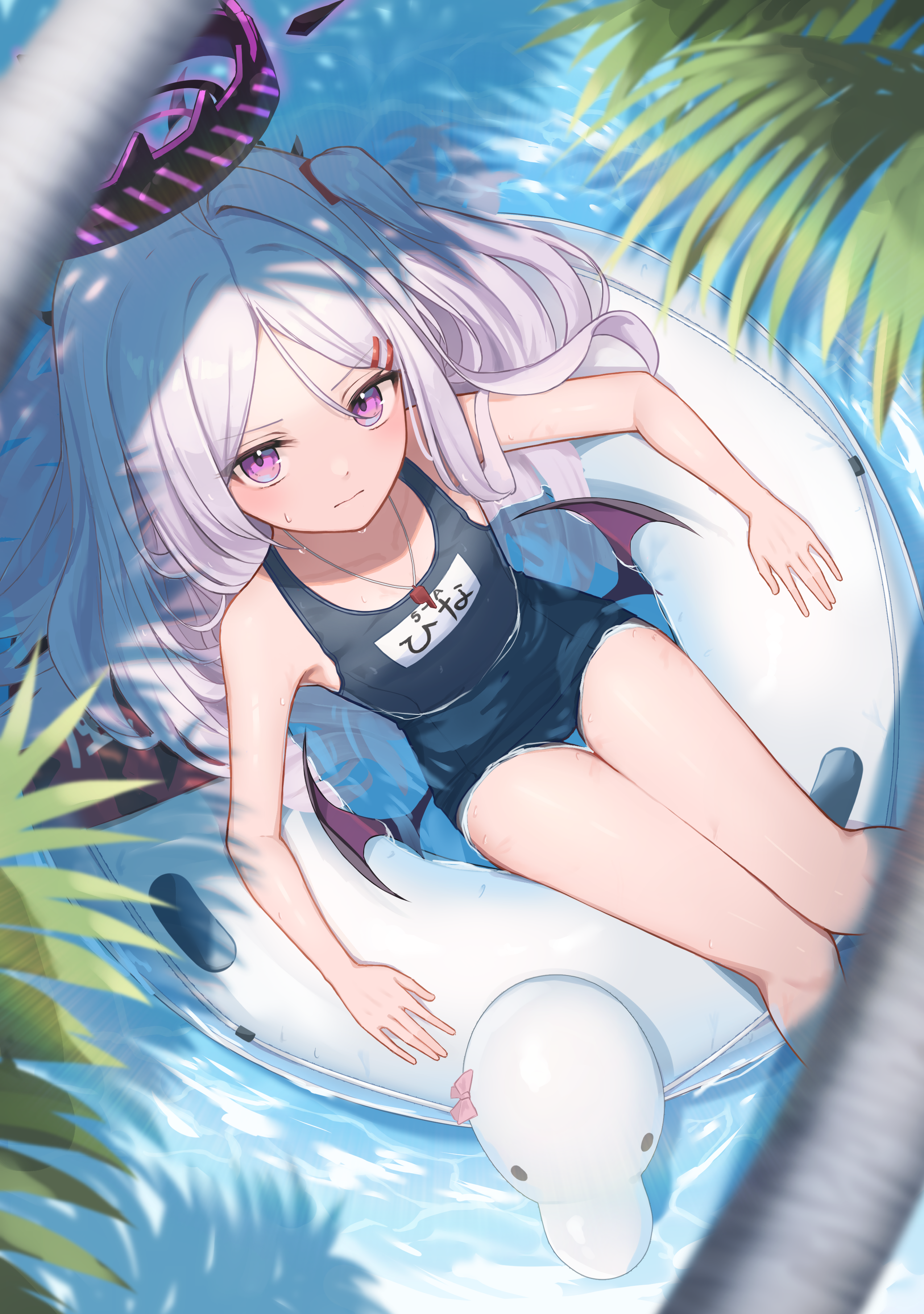 Anime 2549x3624 Blue Archive anime girls Sorasaki Hina (Blue Archive) swimwear school swimsuits anime girl with wings white hair purple eyes portrait display fan art anime games long hair looking at viewer