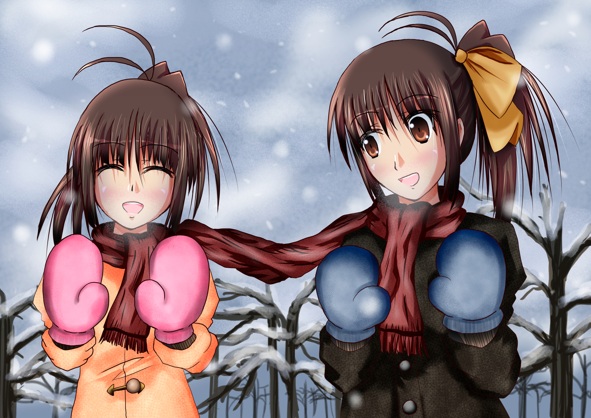 Anime 2047x1447 anime anime girls original characters ponytail brunette two women twins artwork digital art gloves closed eyes sky trees scarf snow coats