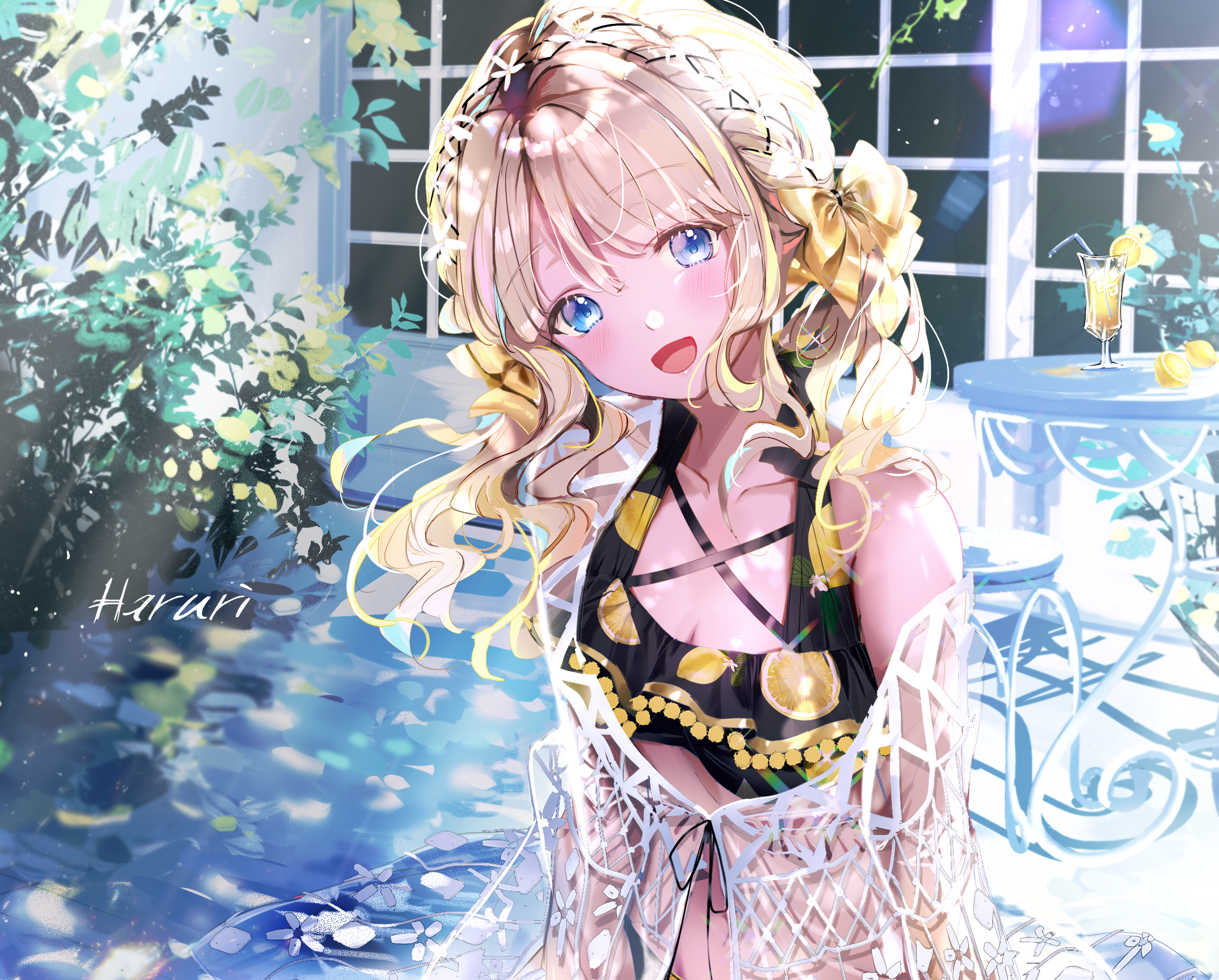 Anime 2150x1729 anime anime girls blonde blue eyes signature sunlight open mouth blushing looking at viewer table chair drink lemons bow tie leaves