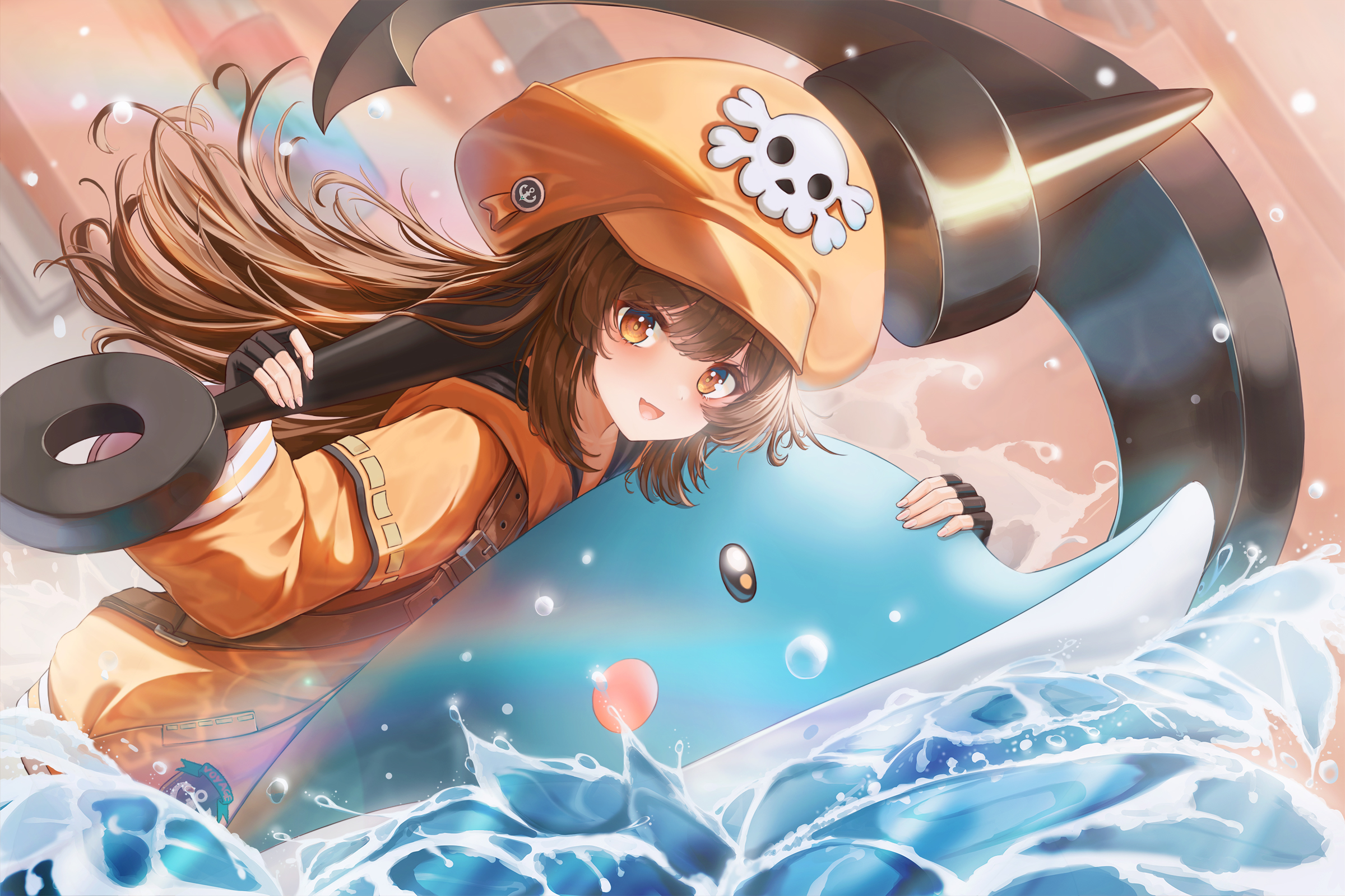 Anime 2400x1600 anime anime girls water looking at viewer brunette brown eyes dolphin rainbows anchors hat animals water drops gloves fingerless gloves
