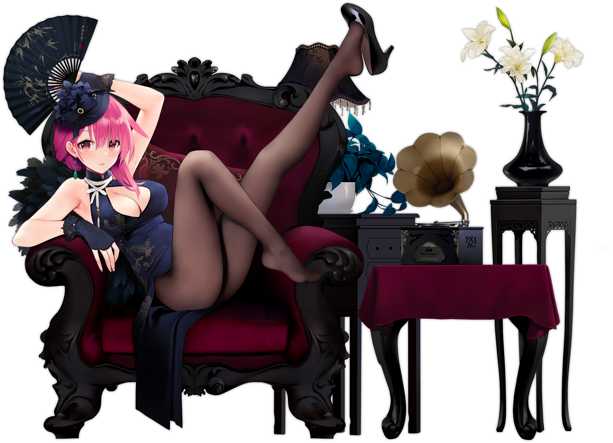 Anime 2048x1480 Azur Lane anime girls pantyhose phonographs feet cleavage big boobs gloves hat fans flowers chair chinese dress blushing looking at viewer vases lying on back