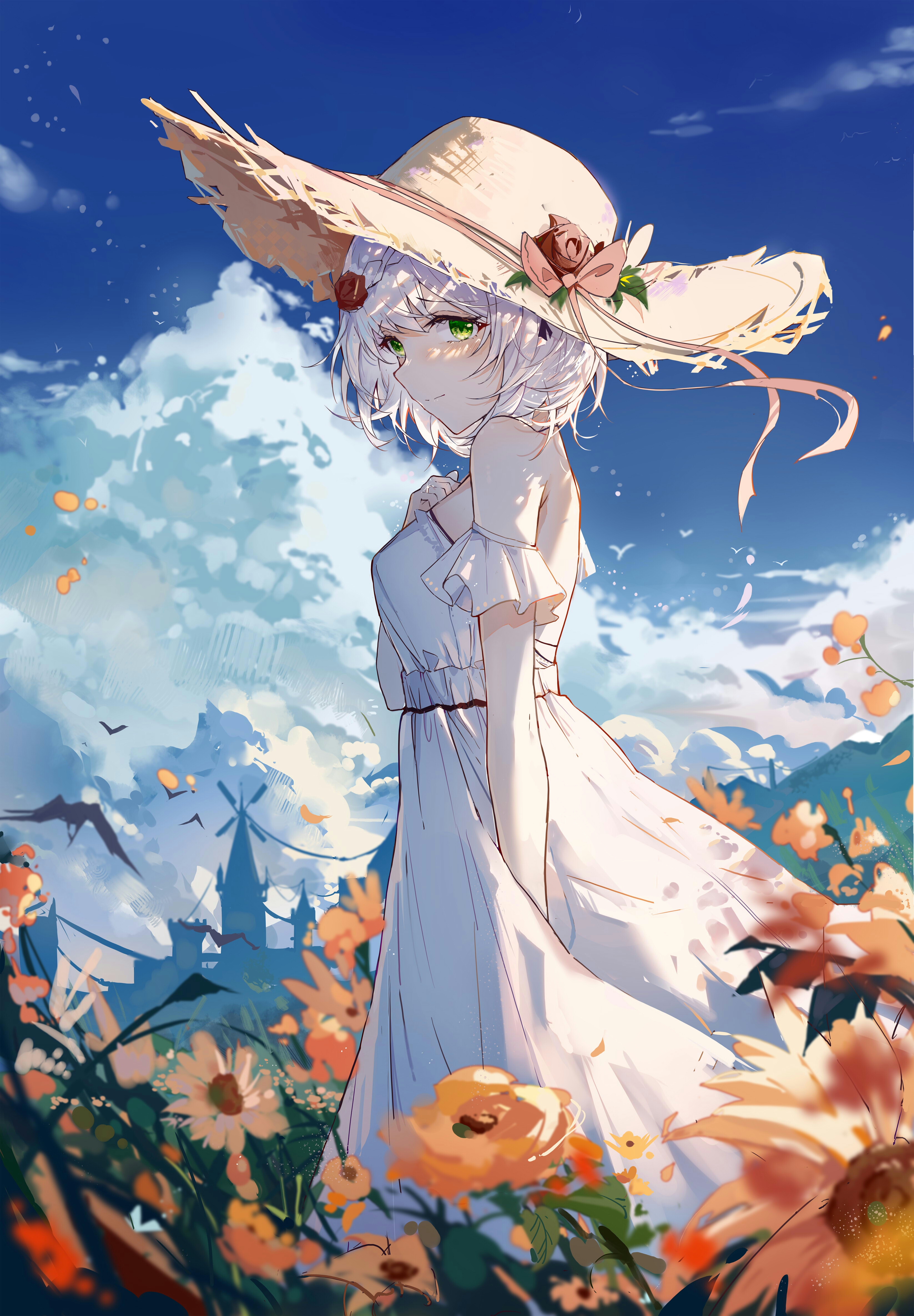 Anime 3293x4740 anime anime girls portrait display straw hat flowers sky clouds Noelle (Genshin Impact) Genshin Impact dress looking at viewer short hair flower in hair