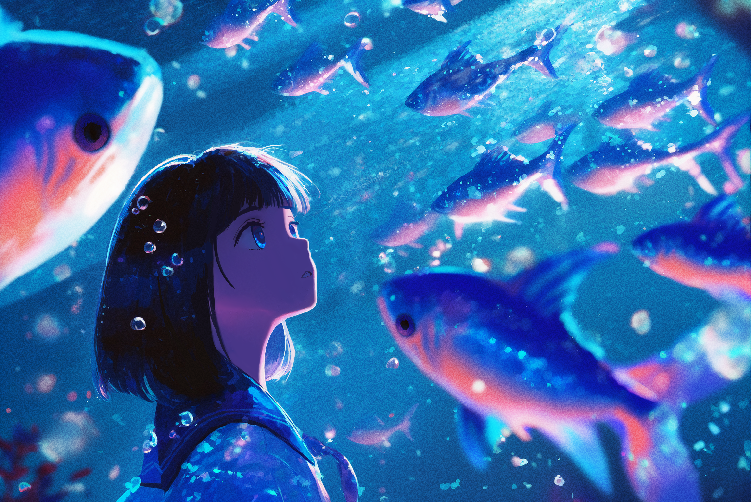 Anime 3063x2048 anime anime girls fish looking up animals bubbles schoolgirl school uniform short hair underwater water