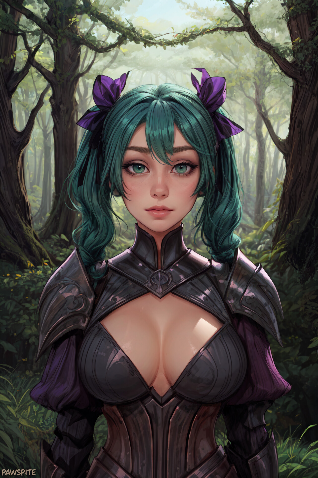 General 1280x1920 pawspite AI art Stable Diffusion women digital art illustration forest portrait display twintails portrait neckline looking at viewer trees green hair armor big boobs