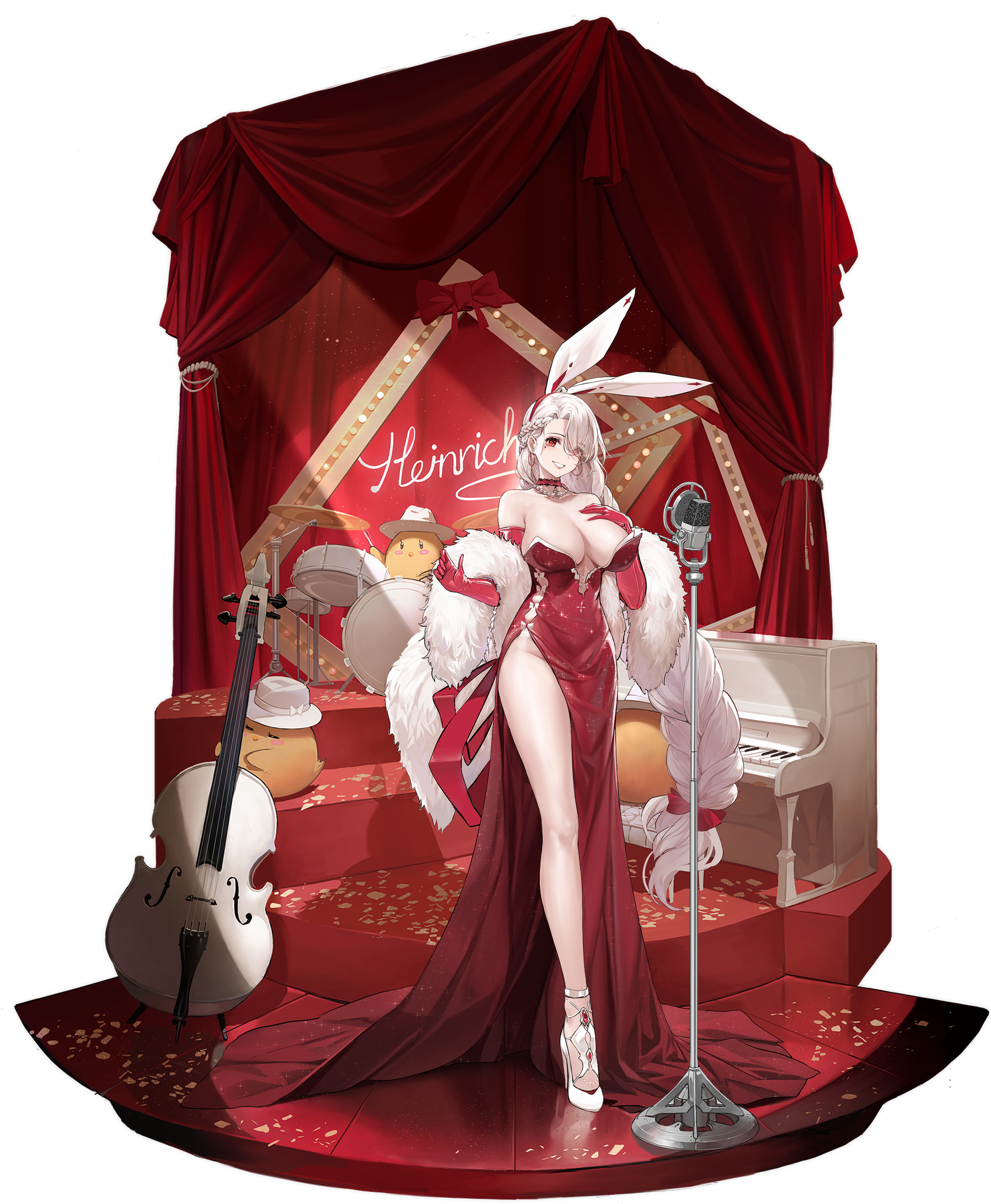 Anime 1686x2048 Azur Lane anime girls bunny ears bunny girl thighs big boobs elbow gloves red eyes portrait display long hair moles mole under eye smiling looking at viewer cello musical instrument drums piano microphone braids heels hands on boobs choker cross pearl necklace legs bow tie Dishwasher1910 hat Prinz Heinrich (Azur Lane) digital art
