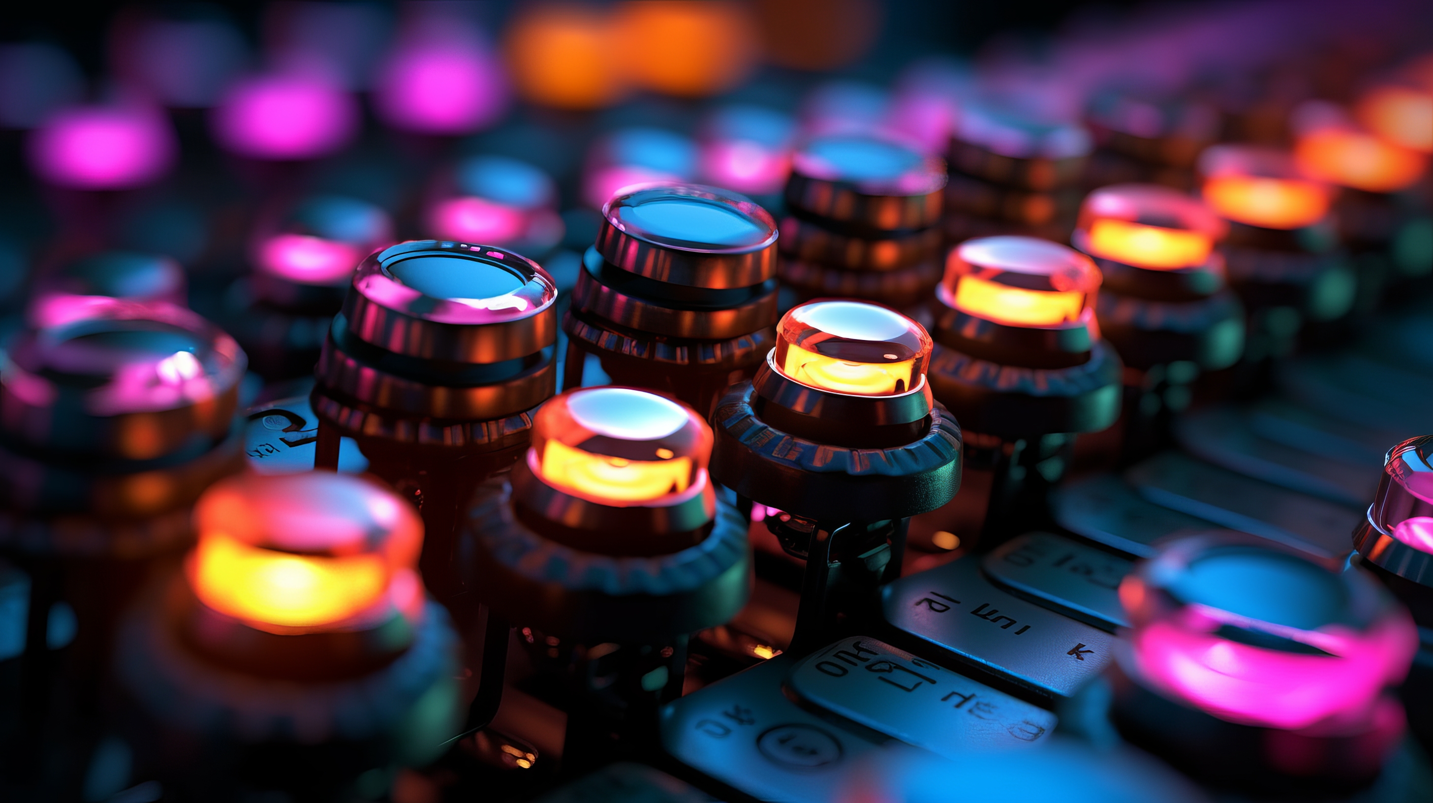 General 2912x1632 AI art buttons colorful mixing consoles closeup illustration neon blurry background blurred