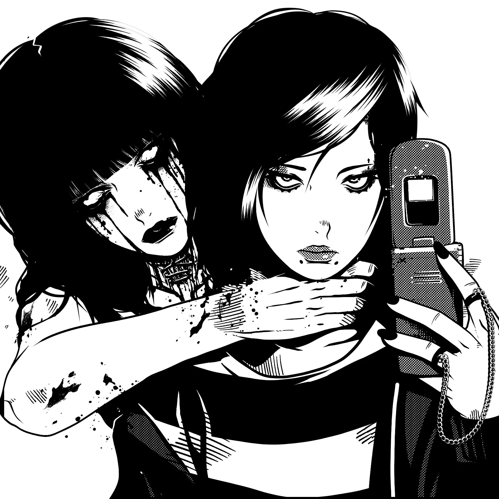 Anime 1920x1920 dark long hair Gothic drawing monochrome phone zombie makeout club anime girls choking looking at viewer