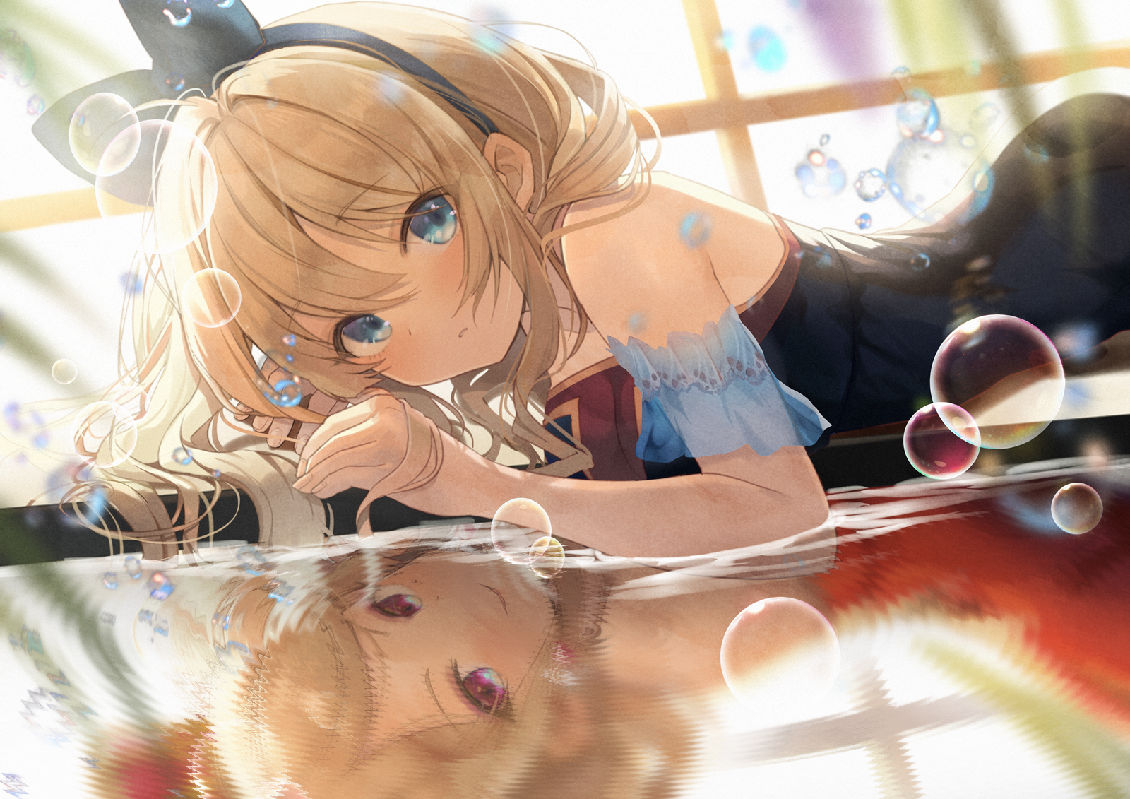 Anime 1600x1131 anime anime girls reflection bubbles lying on front blonde blue eyes water long hair bow tie looking at viewer