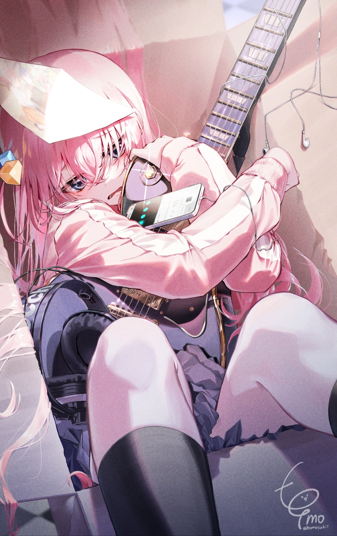 Anime 1079x1715 BOCCHI THE ROCK! anime Gotou Hitori anime girls portrait display guitar musical instrument pink hair blue eyes long hair looking at viewer phone