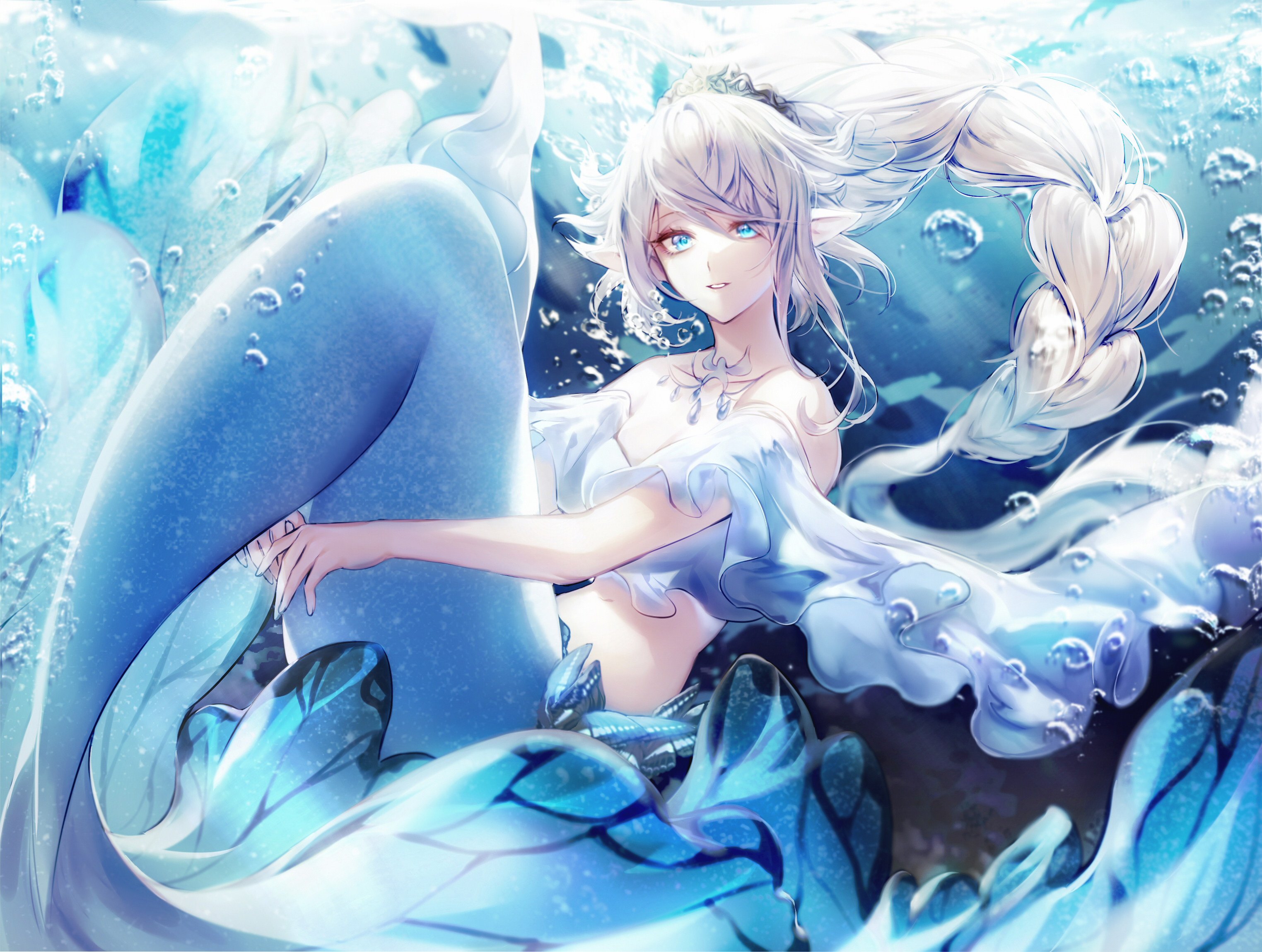 Anime 3047x2300 anime anime girls mermaids bubbles long hair braids tail underwater water looking at viewer pointy ears sunlight