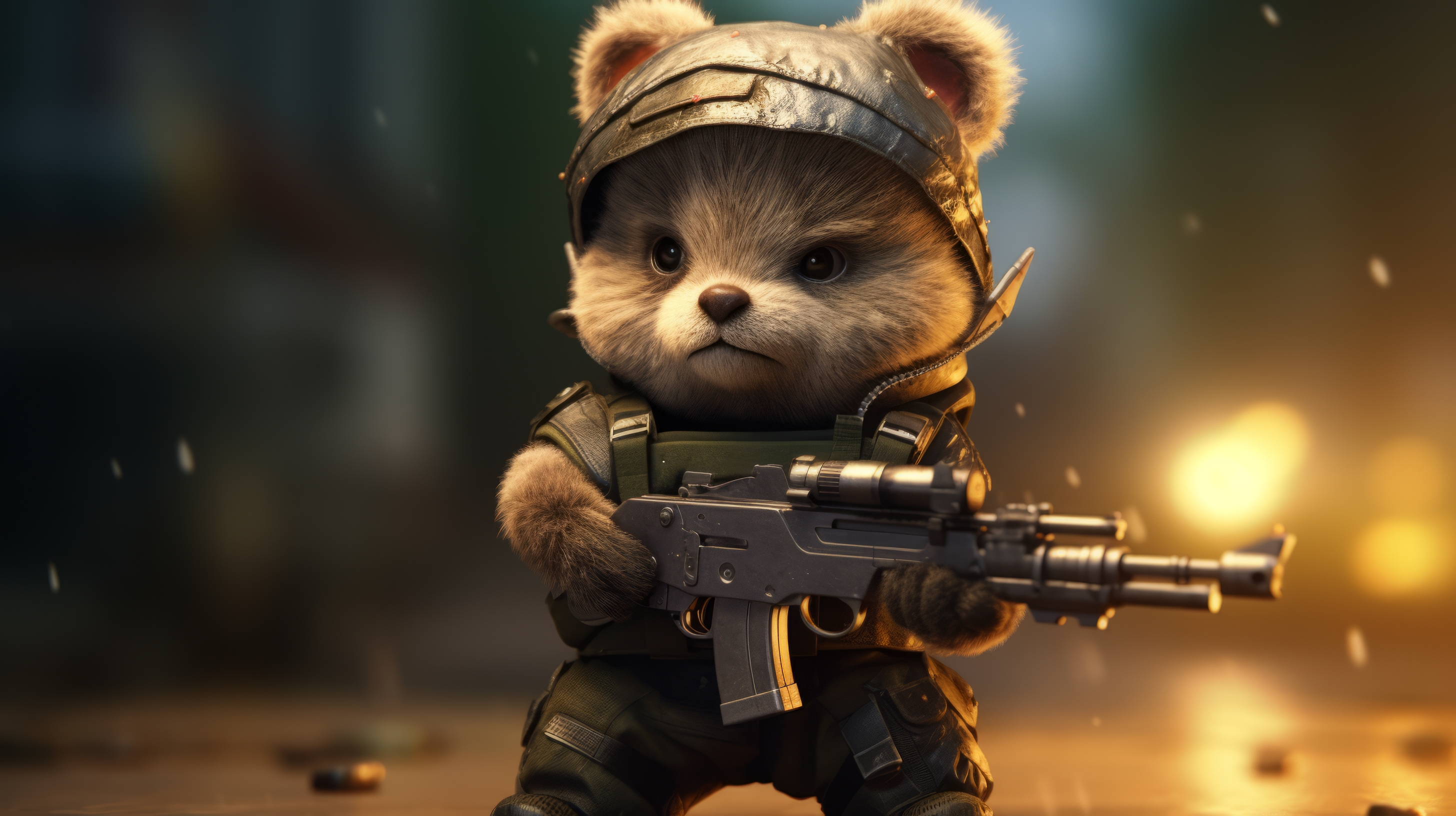General 2912x1632 AI art teddy bears weapon bokeh soldier gun blurred blurry background animals