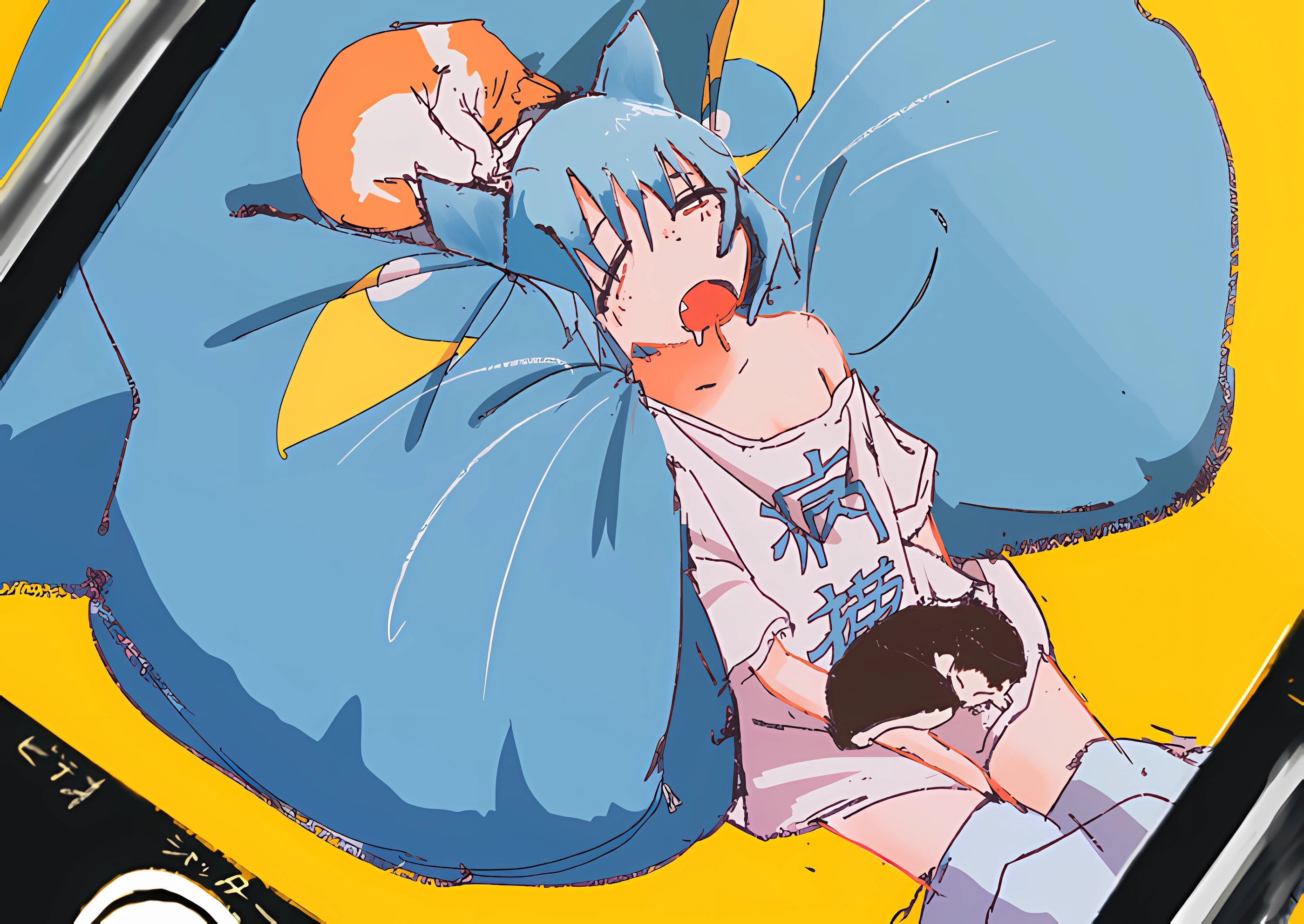 Anime 2800x1984 anime Komugiko2000 anime girls closed eyes sleeping cats animals open mouth loli