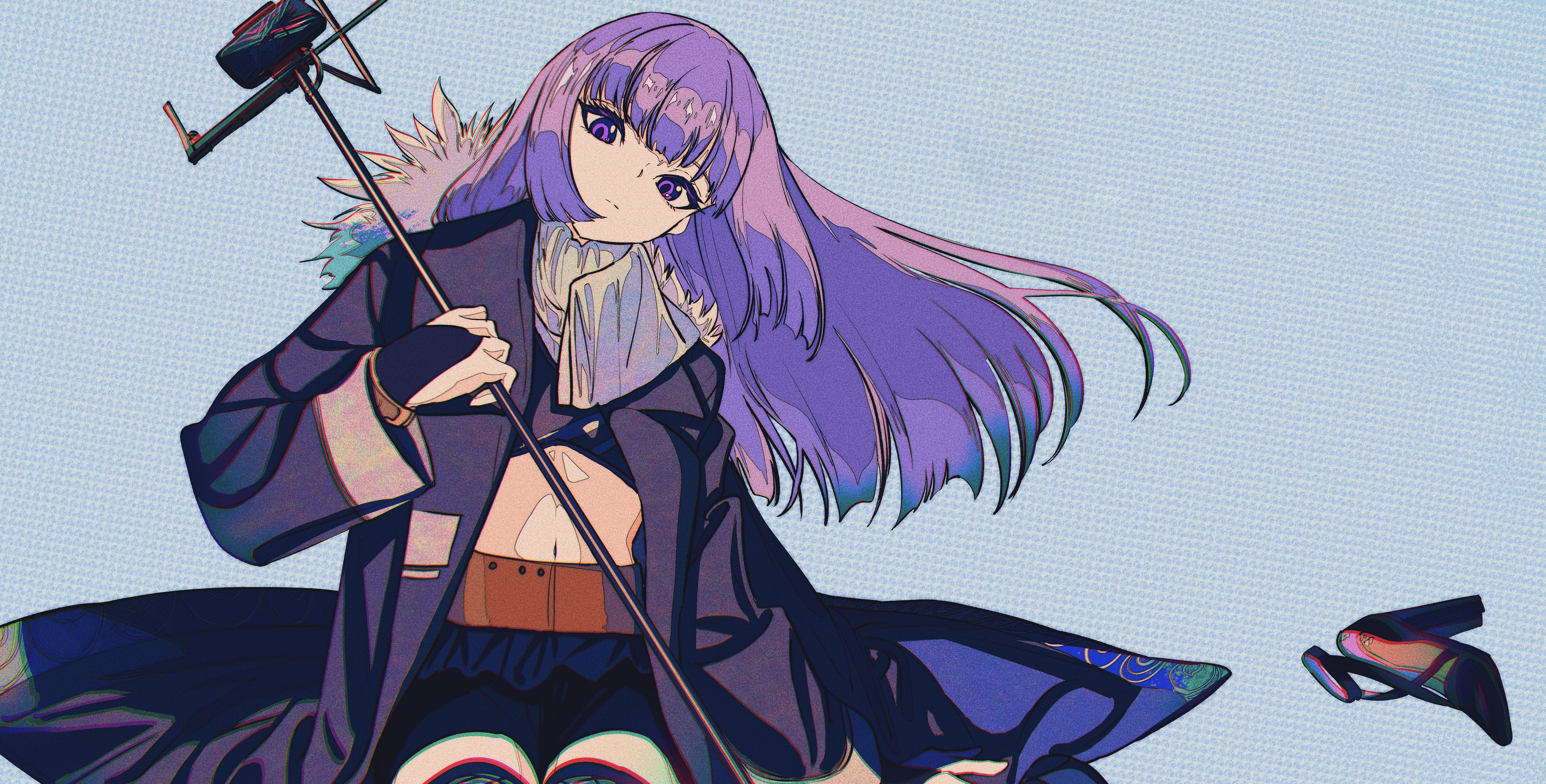Anime 4426x2246 Cogecha anime anime girls long hair looking at viewer heels simple background purple hair purple eyes