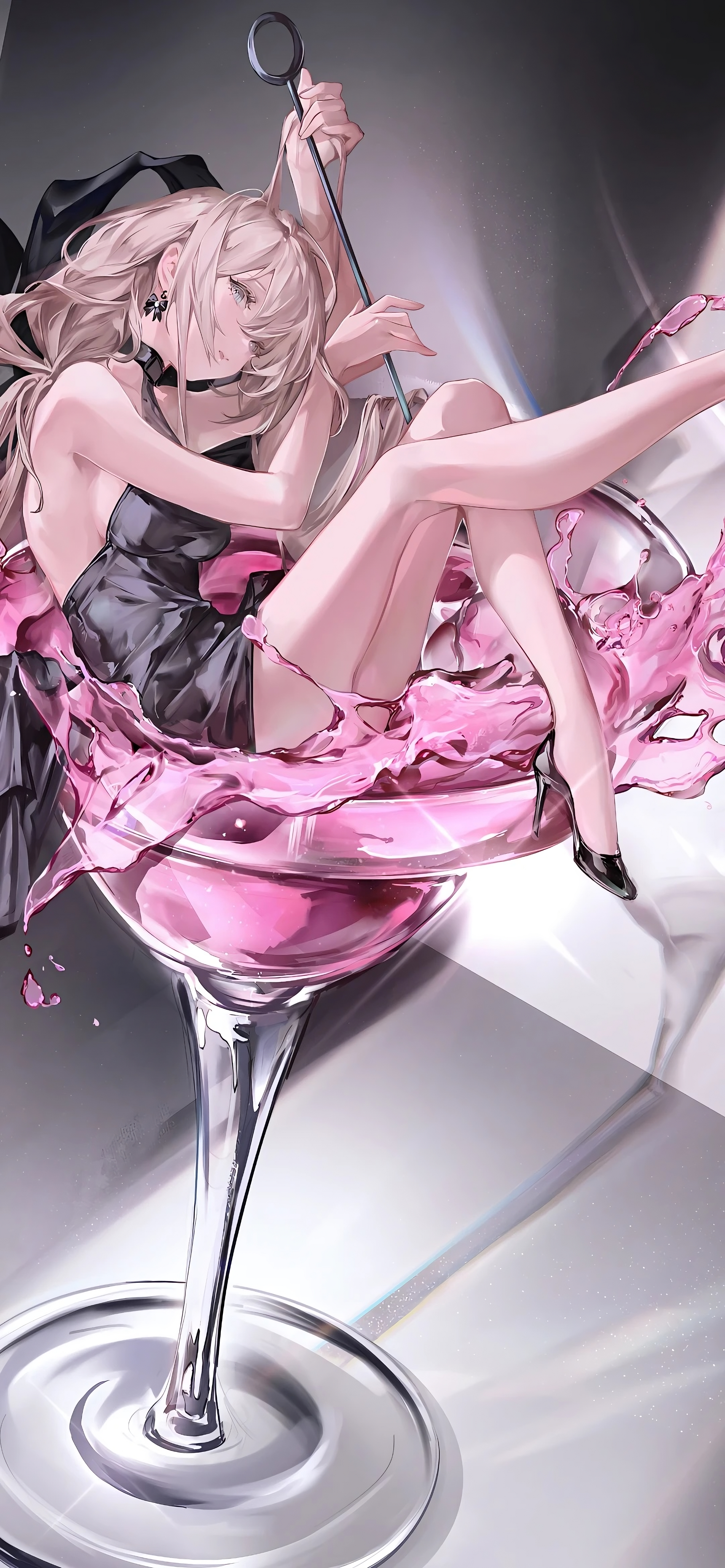 Anime 2160x4672 anime anime girls portrait display long hair drink glass looking at viewer earring sideboob dress heels