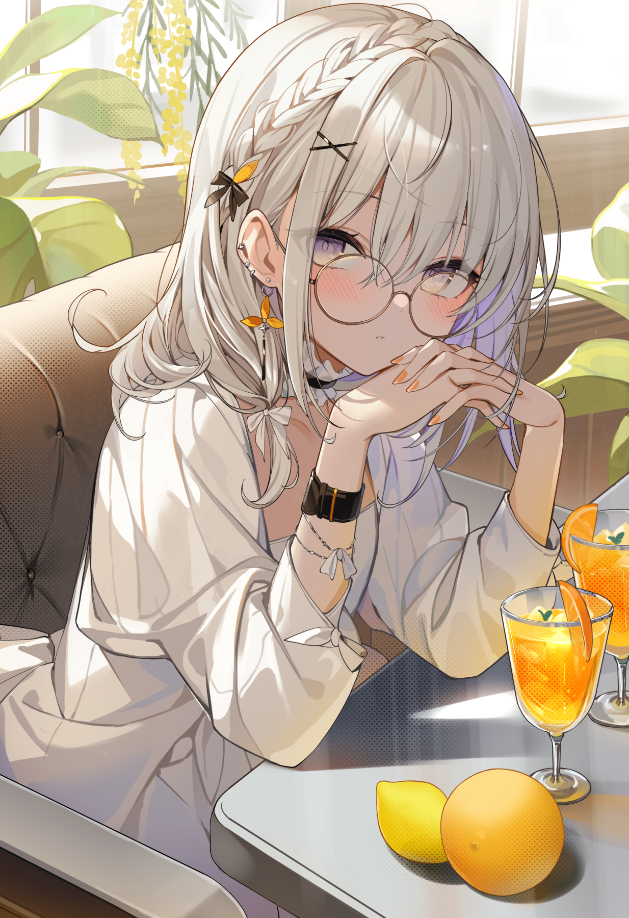 Anime 1234x1800 anime anime girls digital art artwork 2D Pixiv looking at viewer glasses portrait display long hair drink fruit leaves choker blushing earring braids orange (fruit)