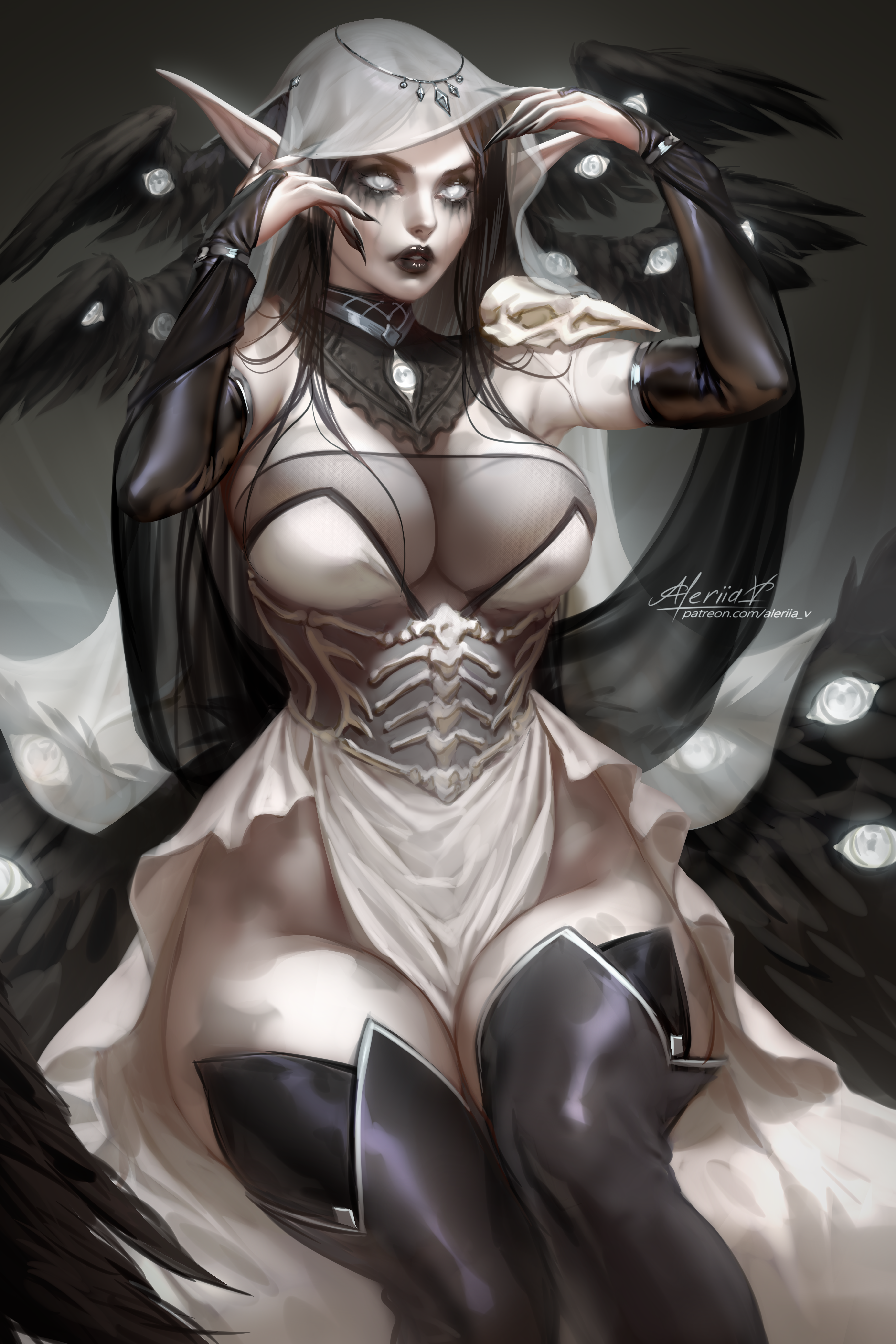 General 3668x5500 Mythira (OC) Lera Pi elves goths fantasy girl 2D artwork drawing portrait display big boobs pointy ears sitting looking at viewer thighs wings cleavage