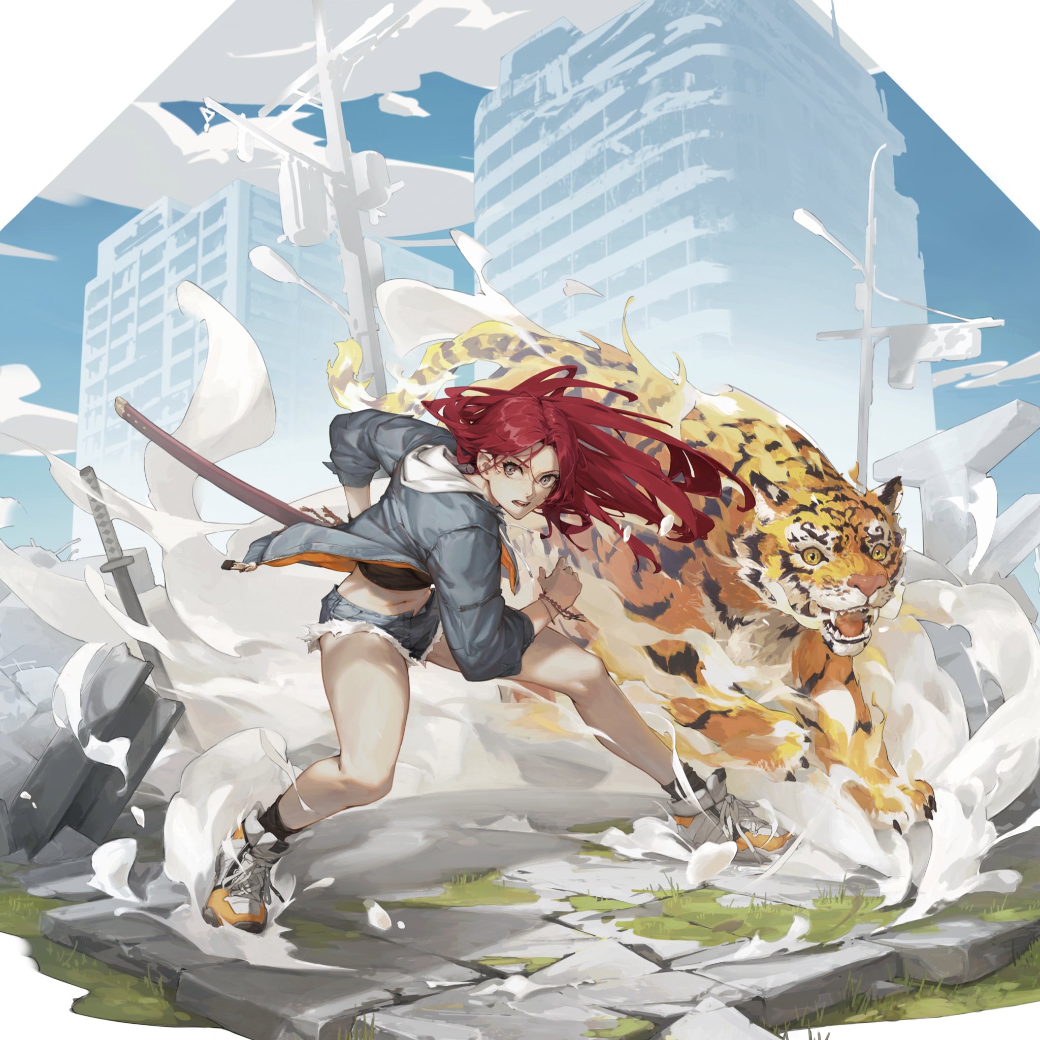 Anime 2048x2048 tiger digital art anime girls redhead sword animals long hair short shorts