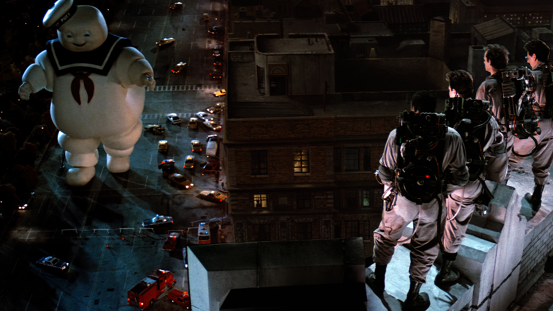 People 1920x1080 Ghostbusters movies film stills New York City building car Stay Puft Marshmallow Man street rooftops