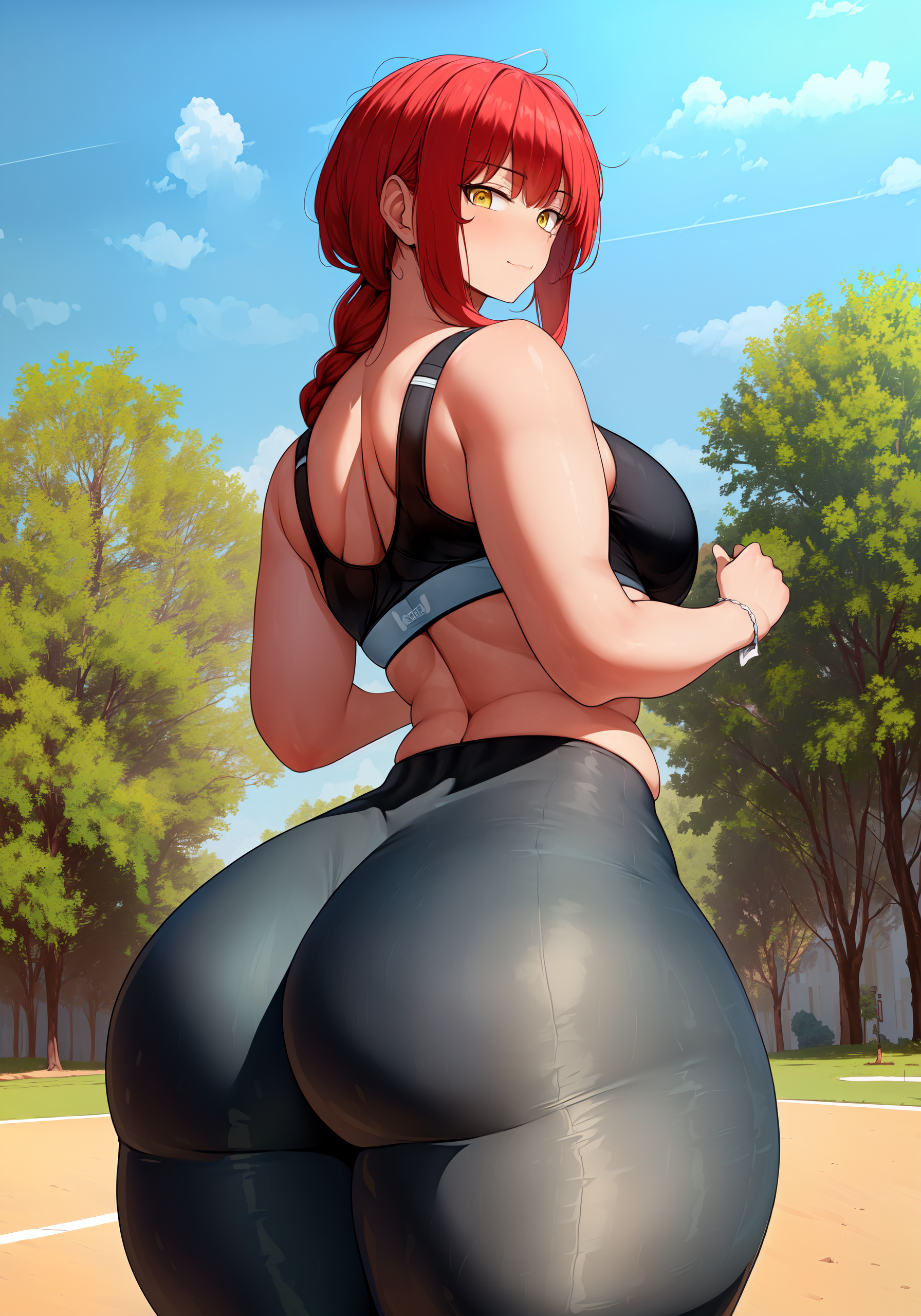 Anime 1792x2560 AI art anime girls portrait display ass Makima (Chainsaw Man) Chainsaw Man braids redhead yellow eyes looking back looking at viewer sky clouds sports bra leggings trees smiling