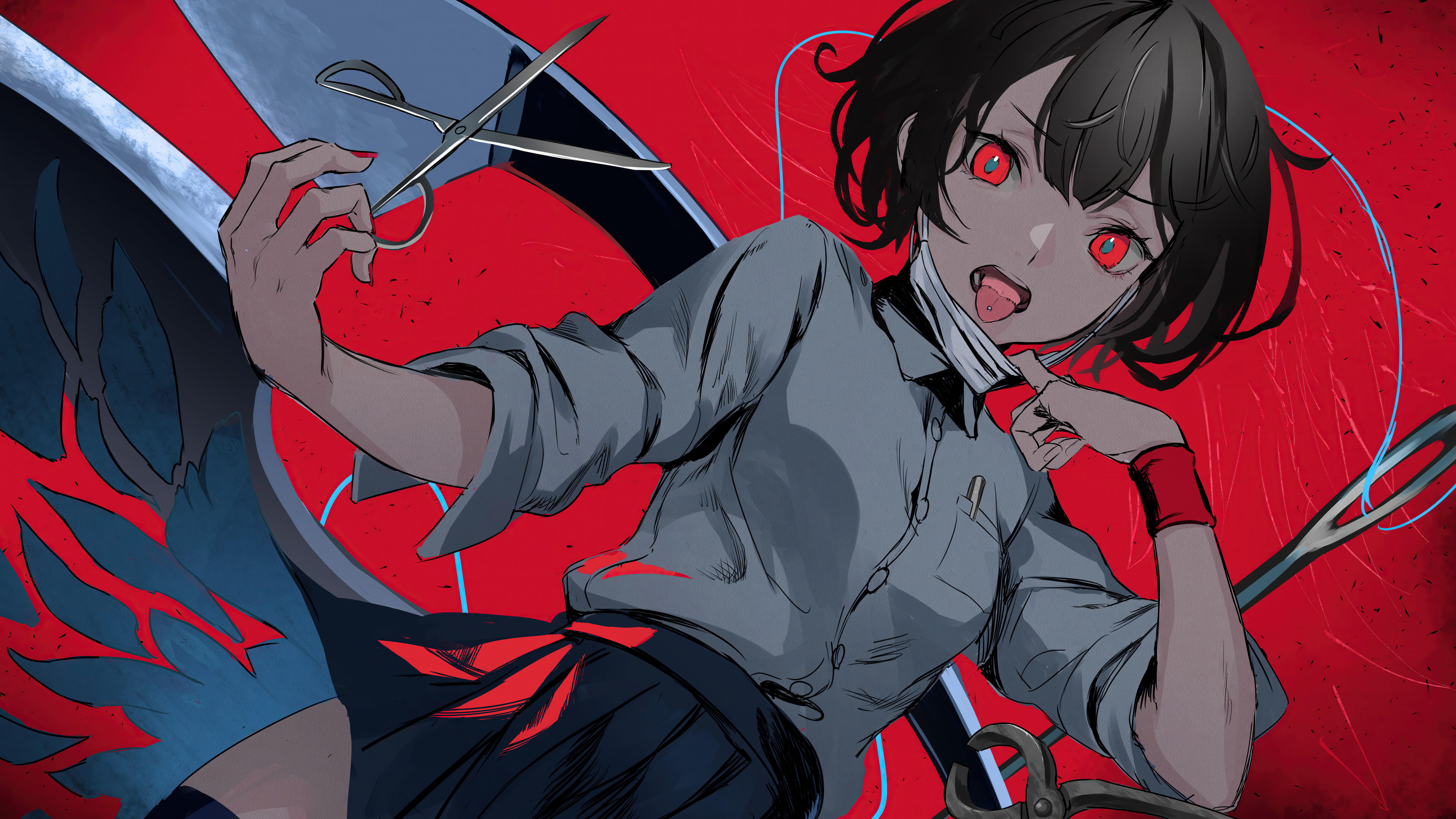 red eyes, tongue out, open mouth, anime girls, scissors, mask | 7680x4320  Wallpaper 