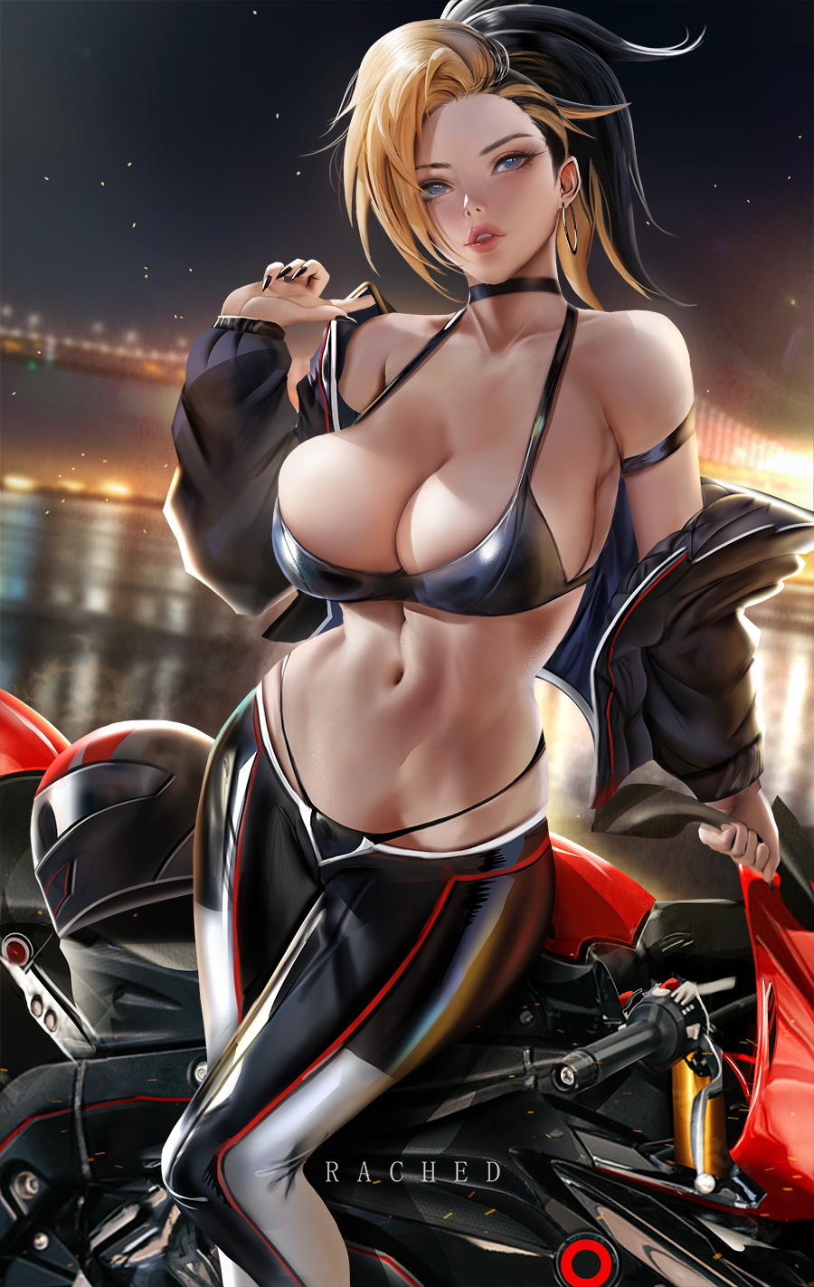 Anime 900x1422 anime girls RachedDraws cleavage belly motorcycle big boobs two tone hair earring choker painted nails Akali (League of Legends)