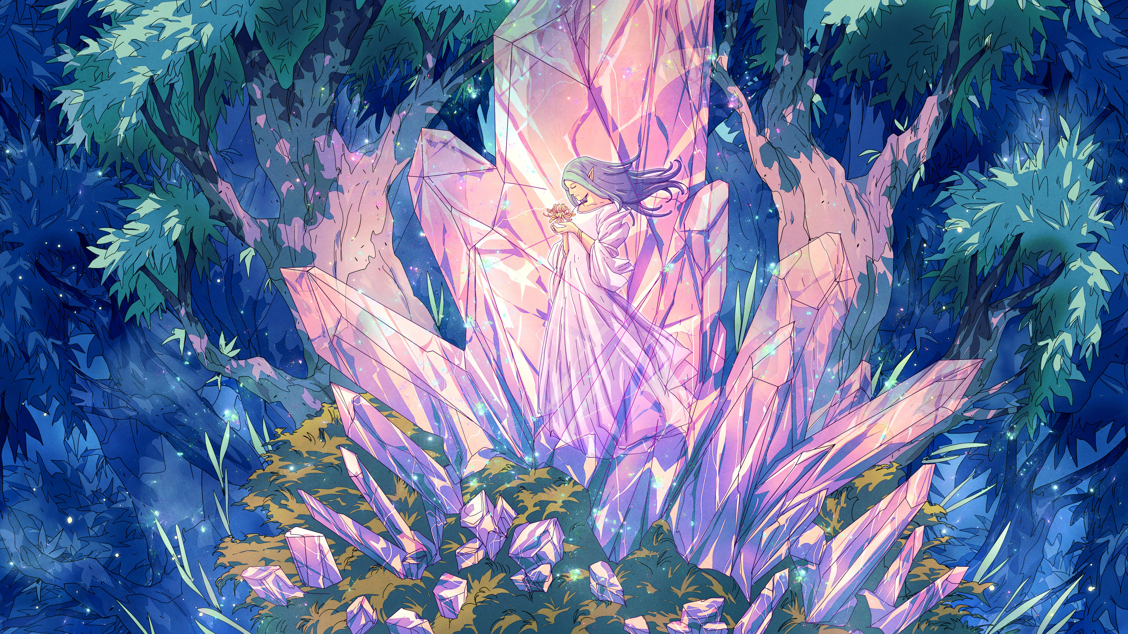 General 3840x2160 Christian Benavides digital art fantasy art crystal  elf girl artwork flowers