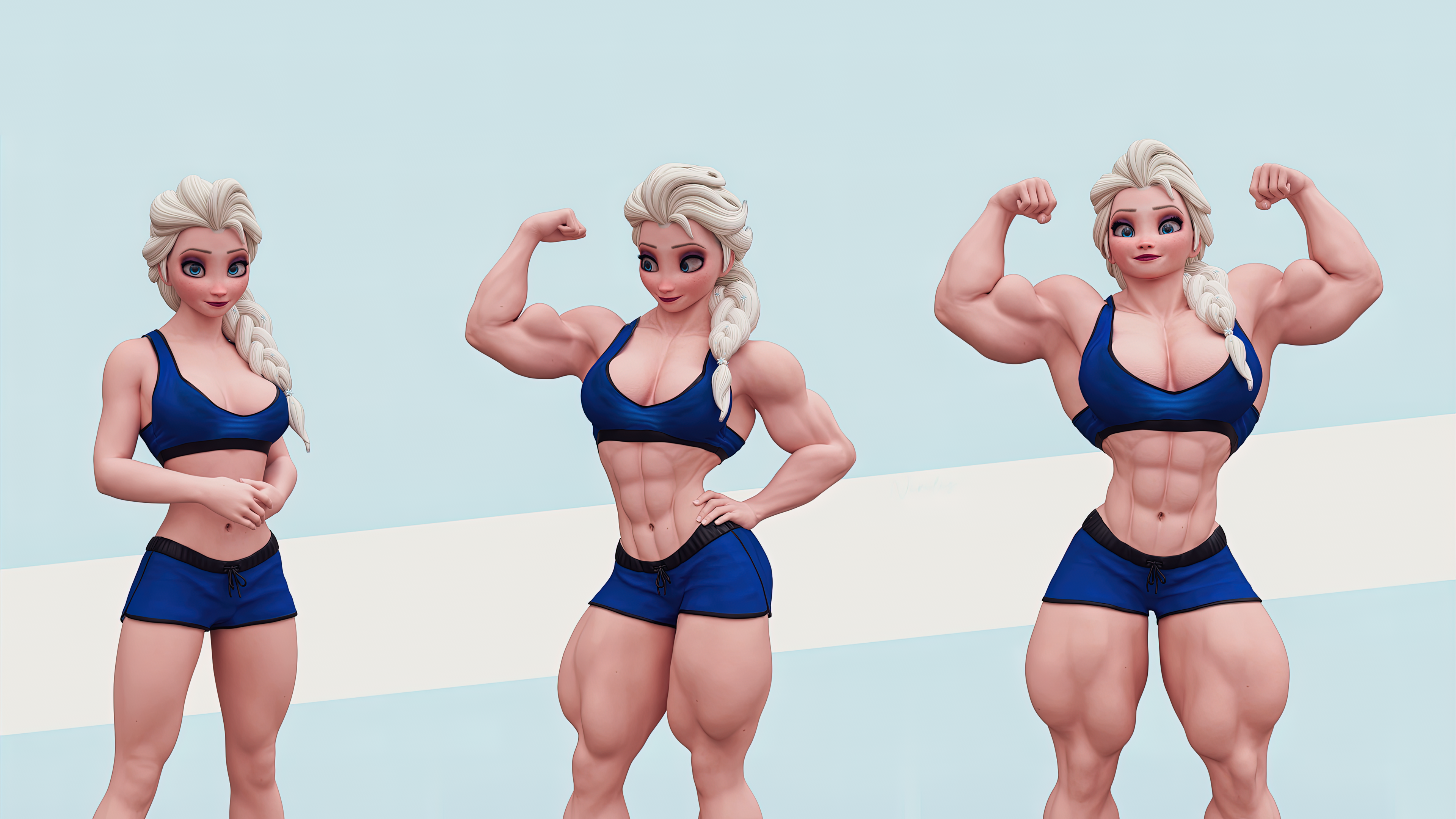 General 3840x2160 muscles muscular 6-pack abs toned female artwork biceps strong woman simple background braids cartoon