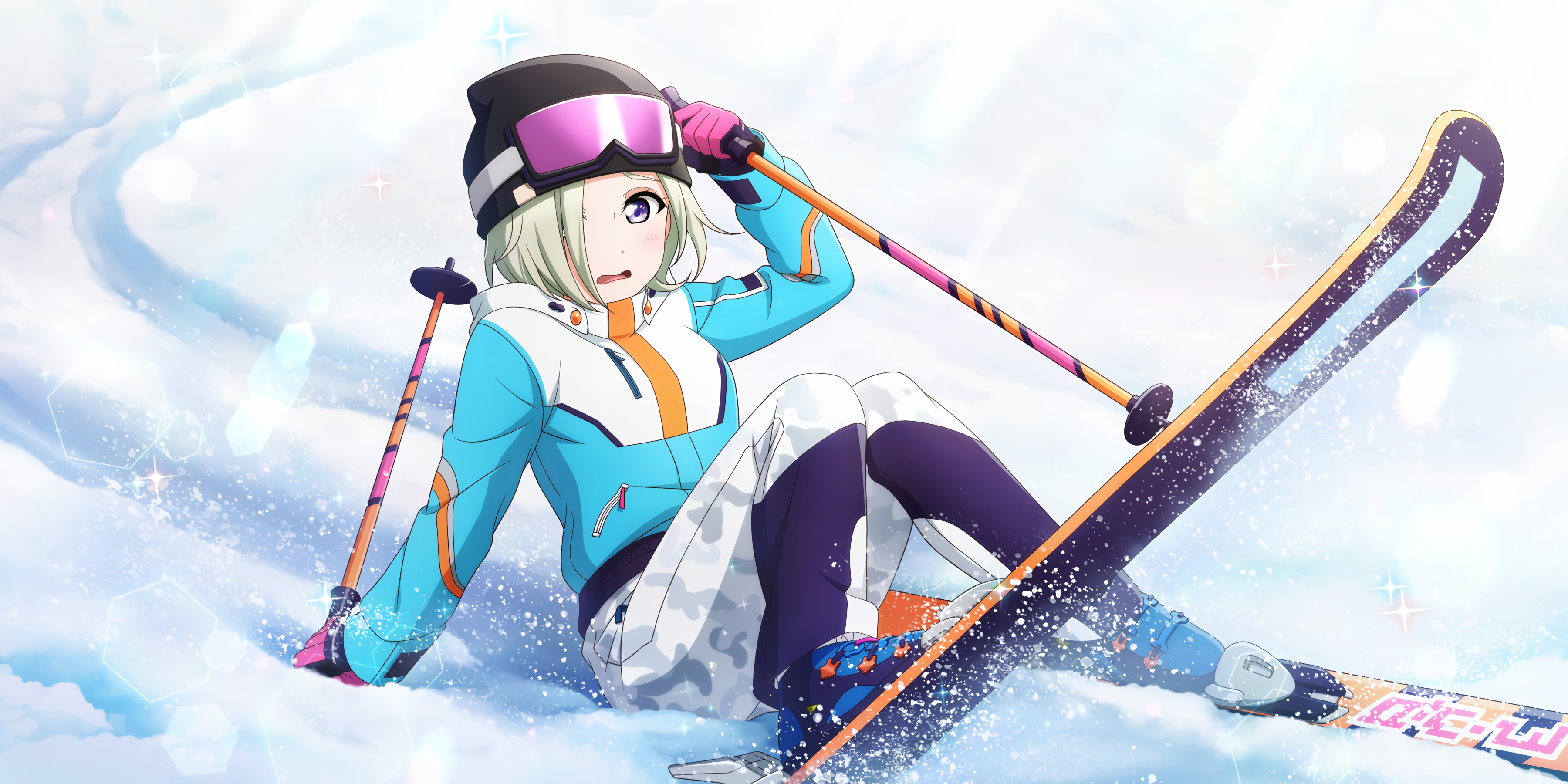 Anime 3600x1800 Mia Taylor Love Live! Nijigasaki High School Idol Club Love Live! anime anime girls one eye obstructed snow skiing hat gloves
