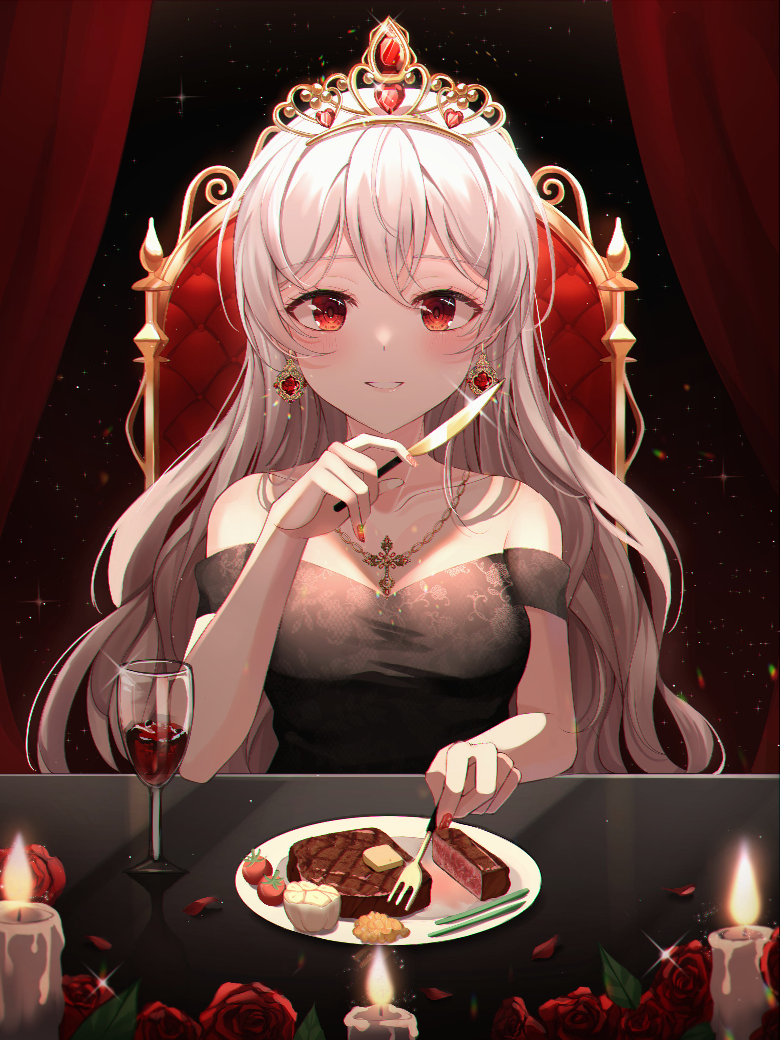 Anime 3000x4000 anime anime girls red eyes food eating knife fork tiaras earring white hair candles rose flowers petals necklace