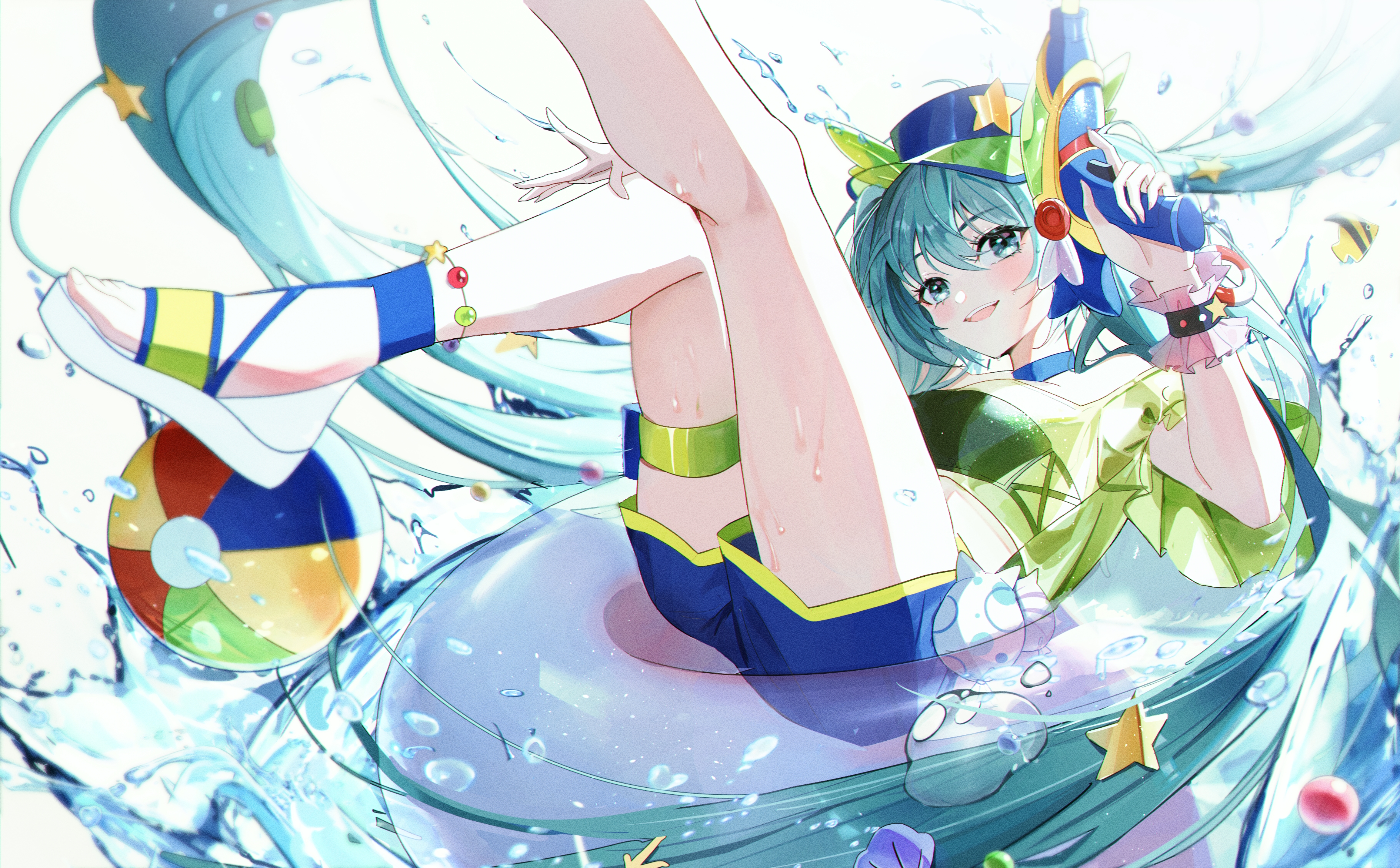Anime 3780x2345 anime anime girls Vocaloid Hatsune Miku blue hair blue eyes twintails beach ball floater water water guns