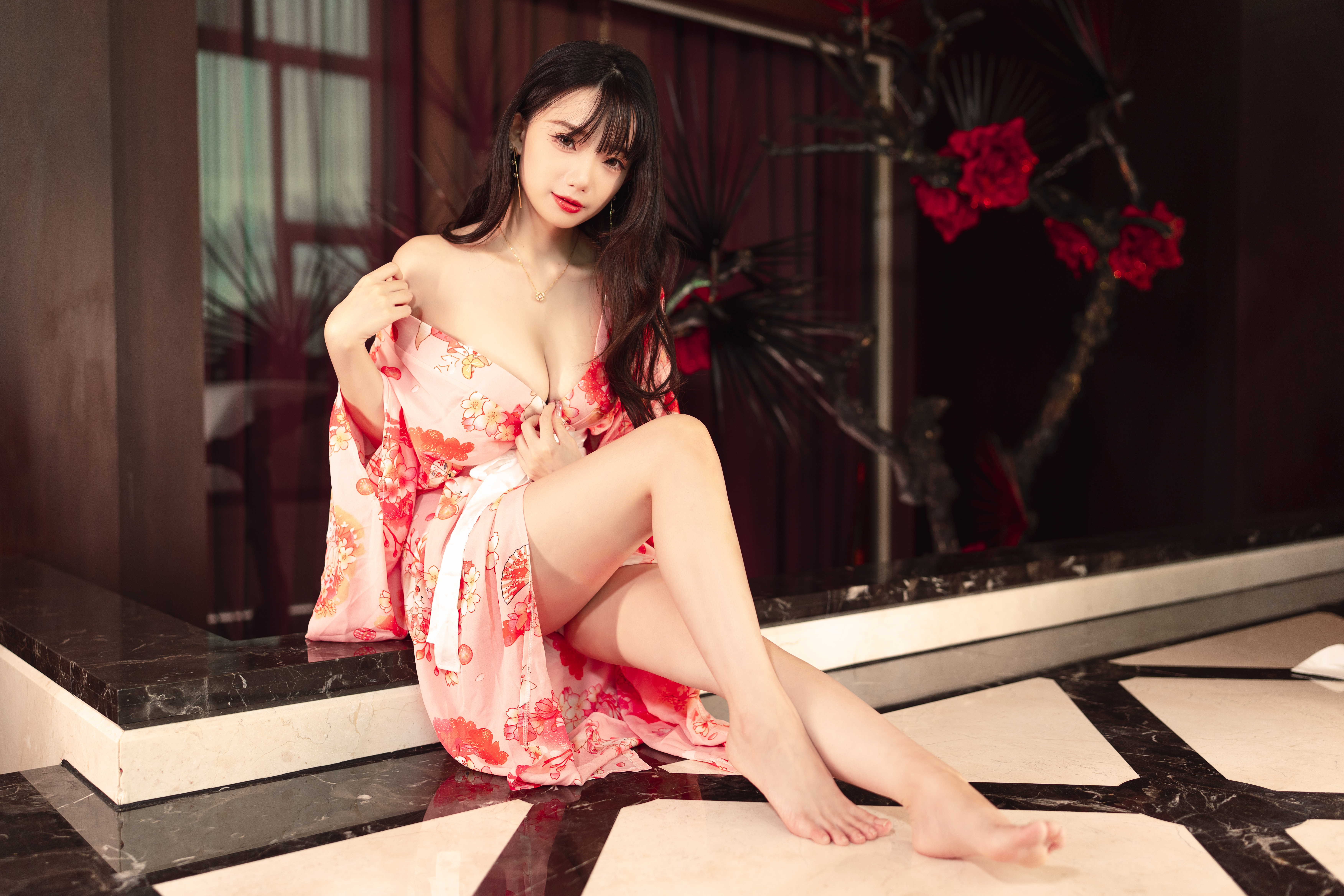 People 7008x4672 women Asian brunette makeup dress cleavage pink clothing undressing legs barefoot red Ning Shioulin toes feet