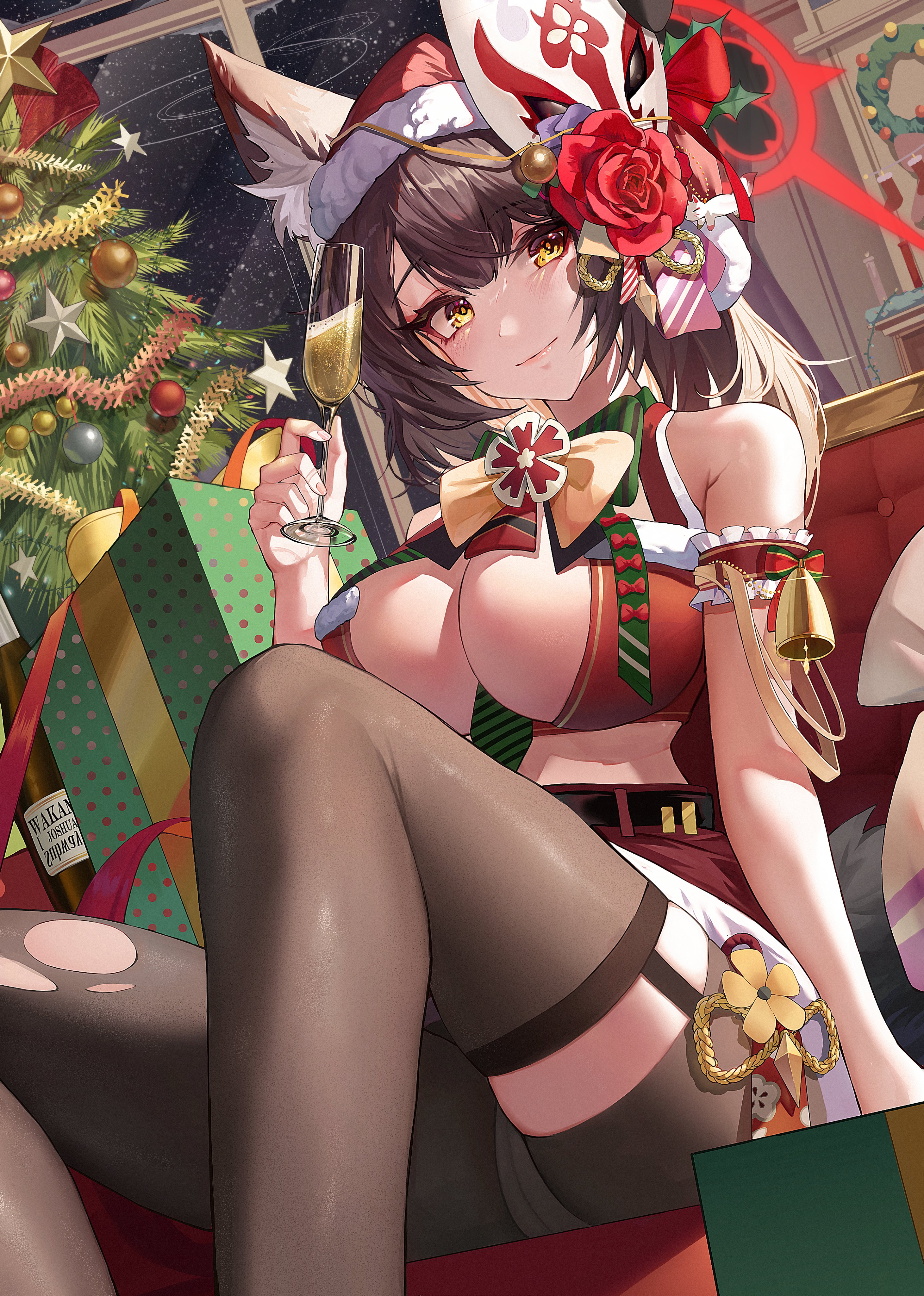 Anime 2920x4096 JoSal anime girls yellow eyes cleavage mask fox girl fox ears stockings big boobs champagne Christmas tree Christmas presents Christmas torn clothes