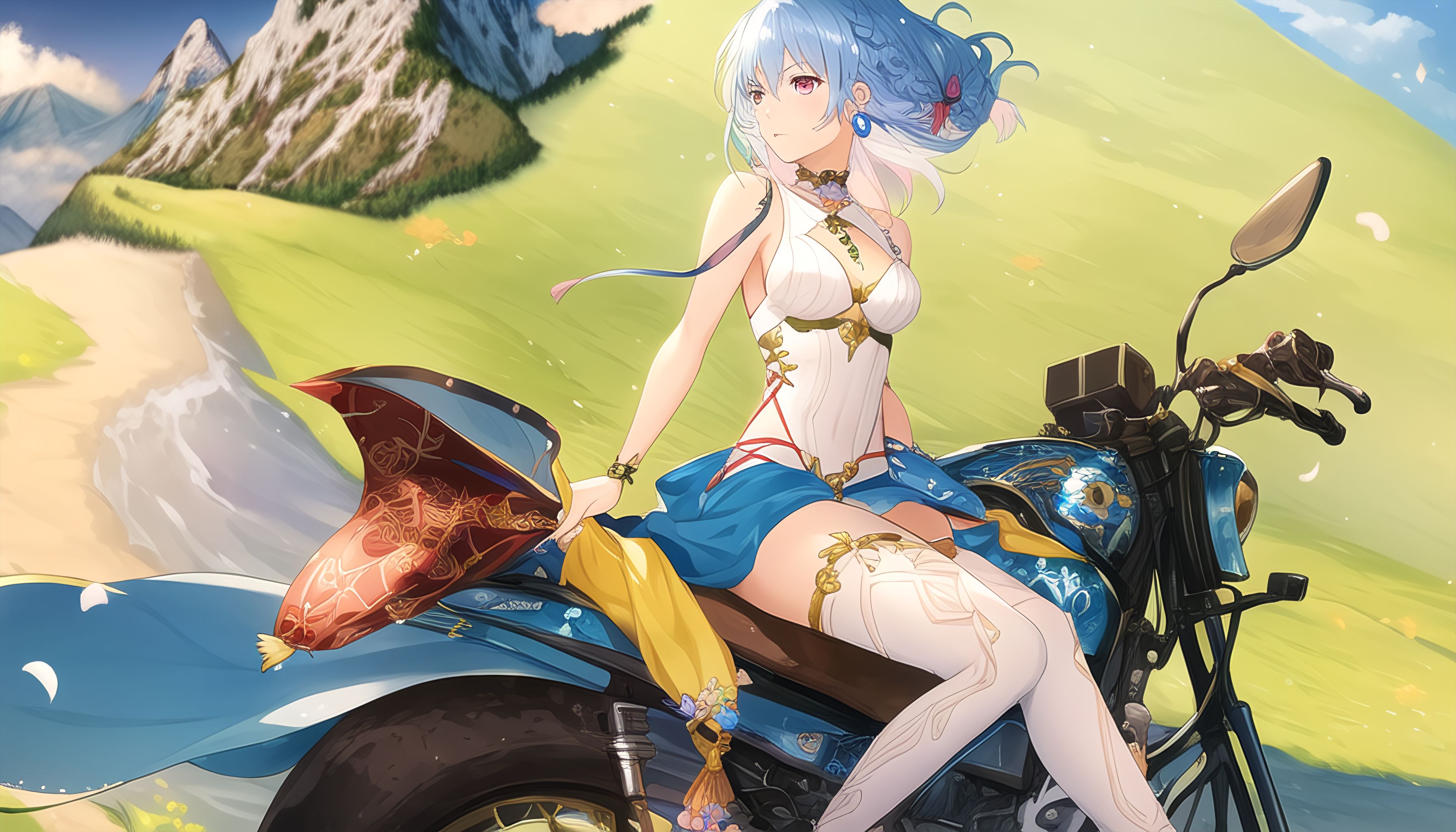 Anime 3584x2048 anime girls artwork anime Mia27000 original characters motorcycle AI art mountains vehicle