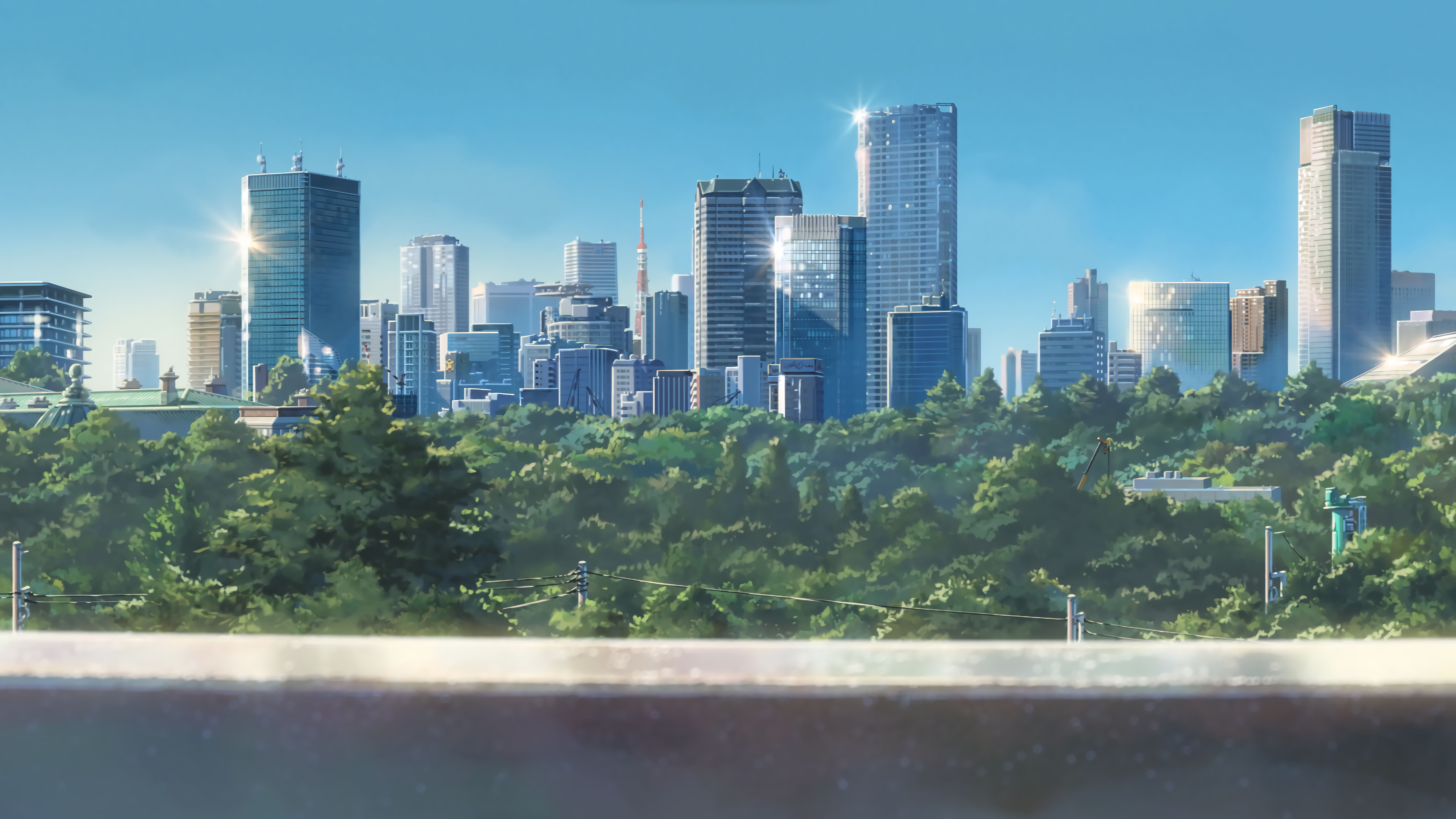 Anime 7680x4320 city bright trees building handrail anime modern anime city urban Kimi no Na Wa