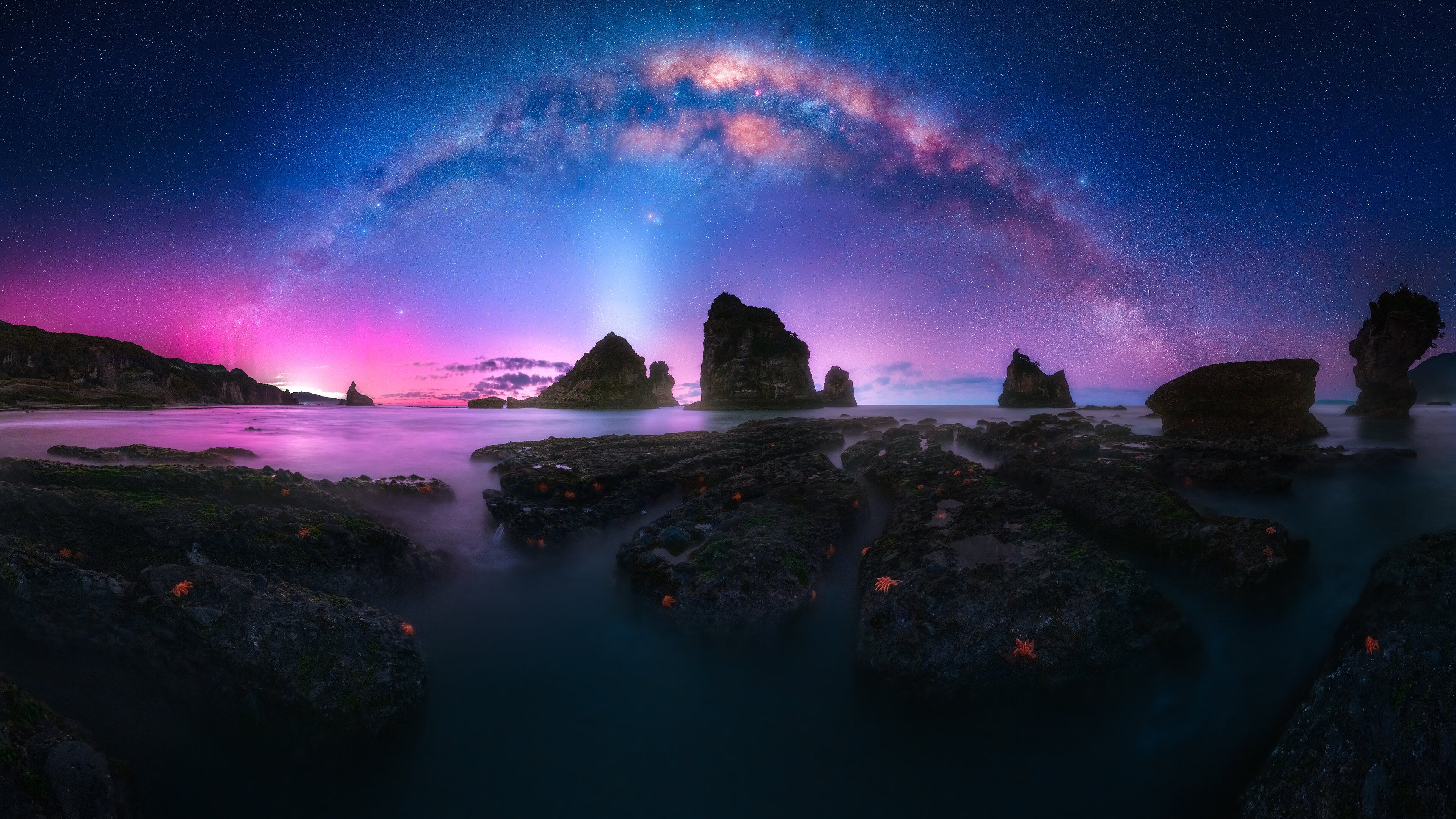General 3840x2160 nature landscape sea coast rocks night sky stars Milky Way reflection long exposure